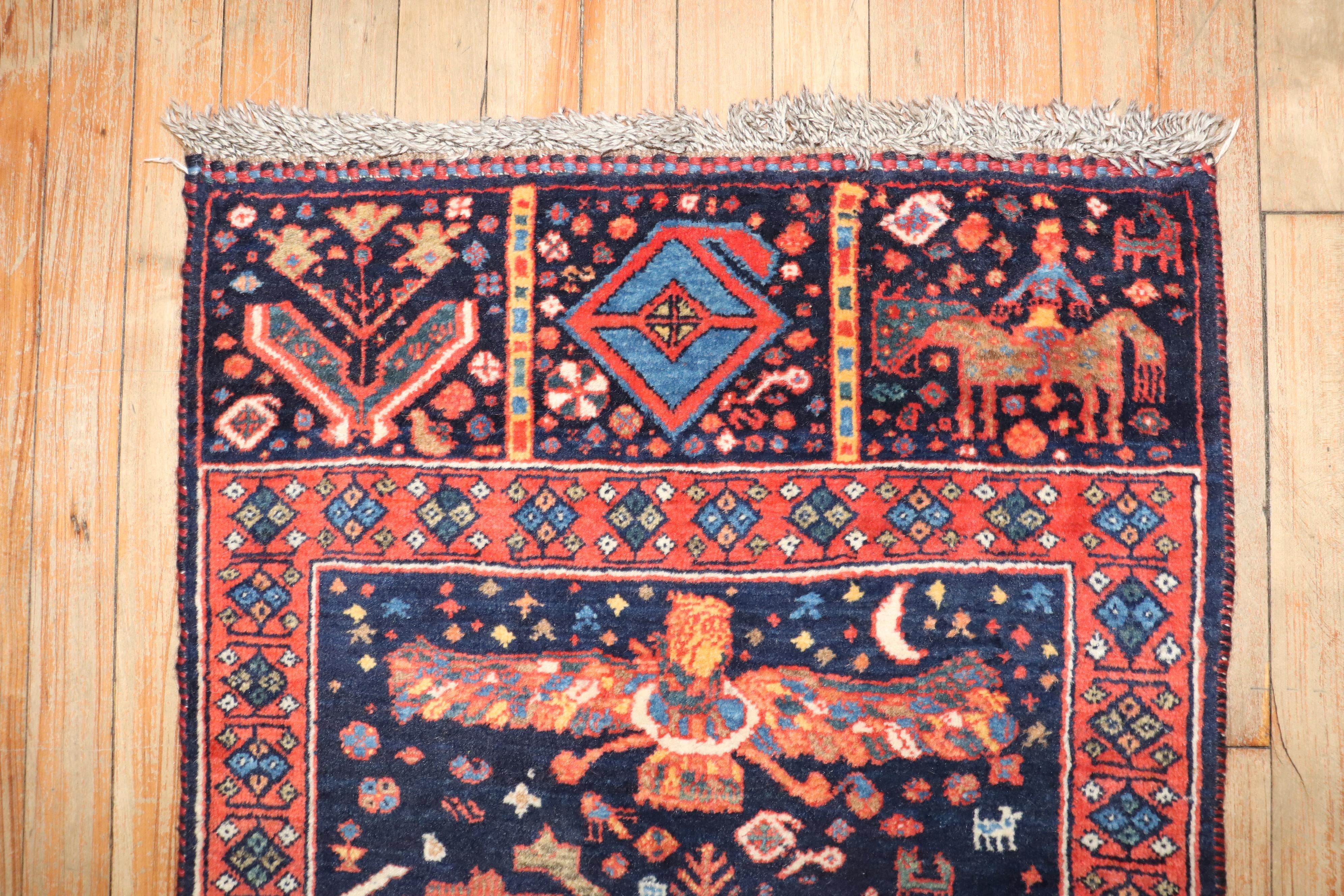 Zabihi Collection Tribal Antique Shiraz Pictorial Small Bagface Rug For Sale 1