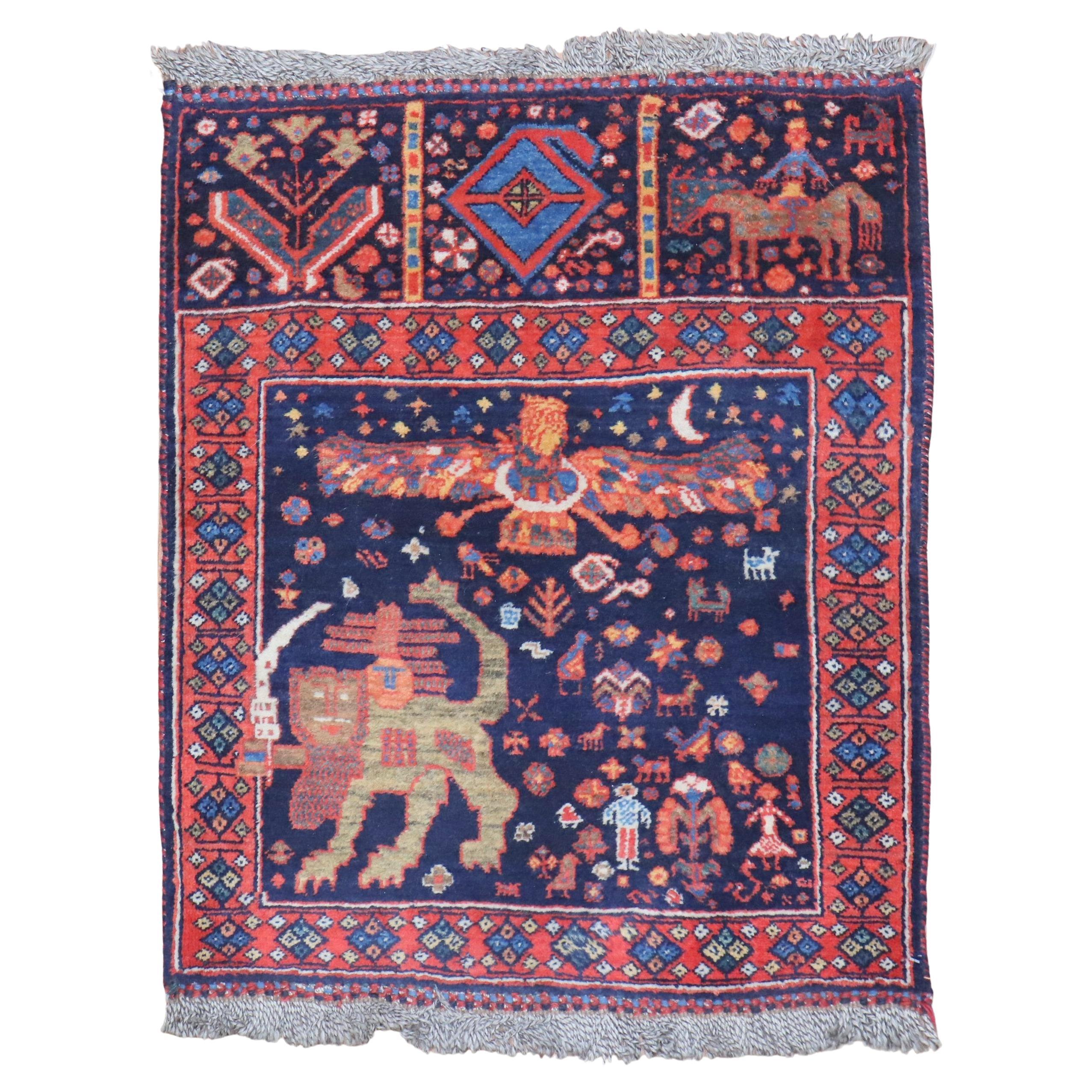 Zabihi Collection Tribal Antique Shiraz Pictorial Small Bagface Rug For Sale