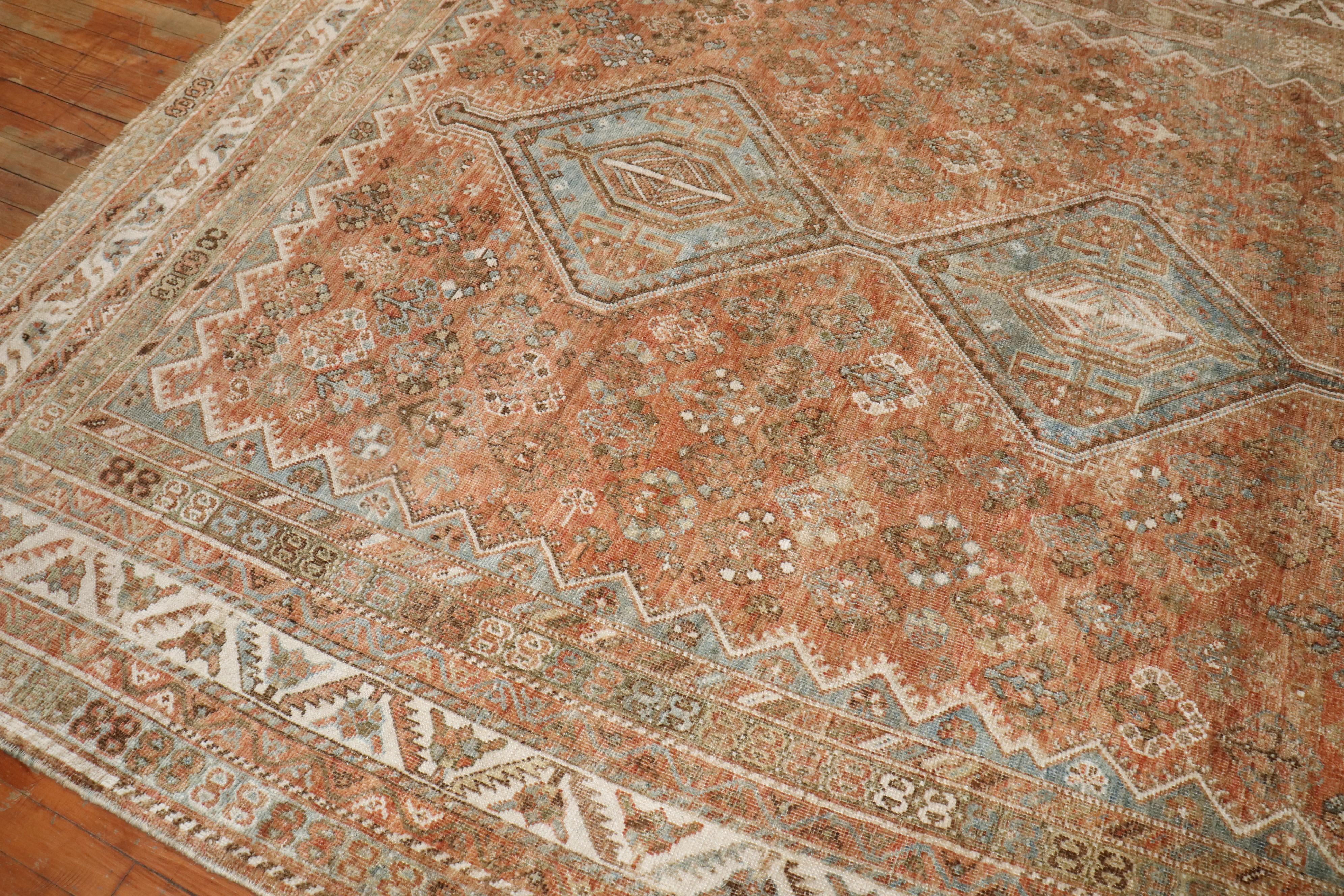 Hand-Woven Zabihi Collection Tribal Antique Shiraz Room Size Rug For Sale