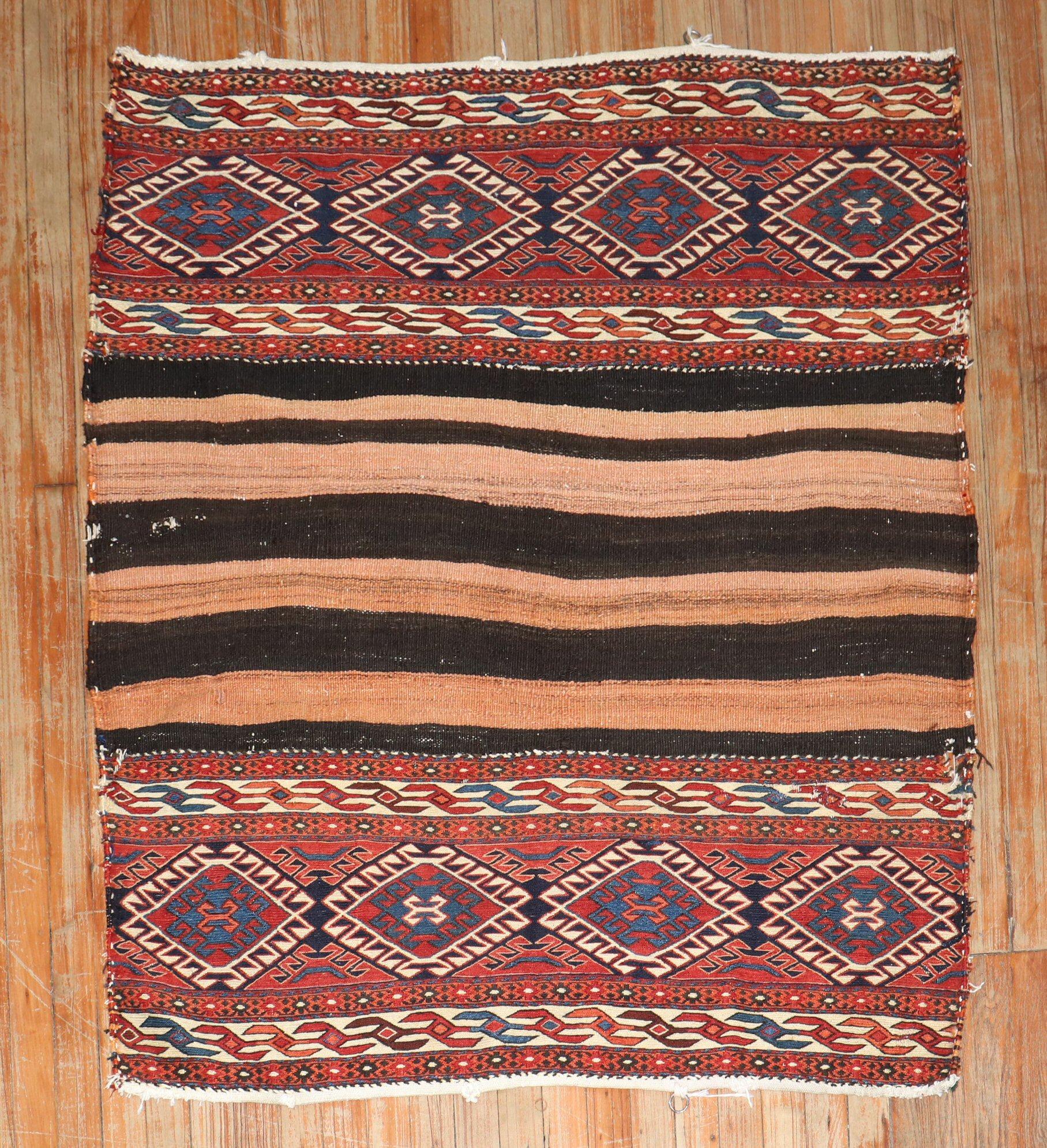 Late 19th Century Kilim Soumac Flat-weave Tribal Rug

Measures: 3'10'' x 4'5''

Soumak rugs have a construction technique that produce a flat-weave rug that is relatively thick, strong and exceptionally durable. They are much stronger and durable