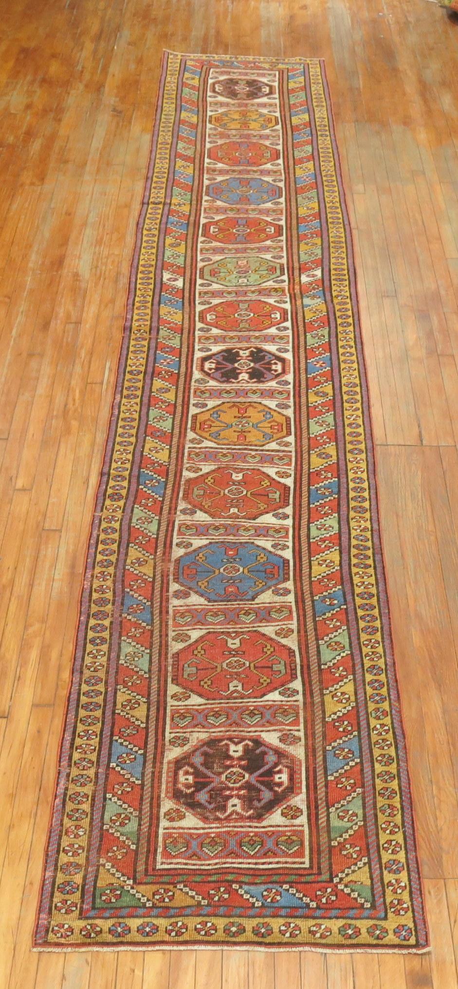 Hand-Knotted Zabihi Collection Tribal Geometric Antique Persian Kurdish Runner For Sale