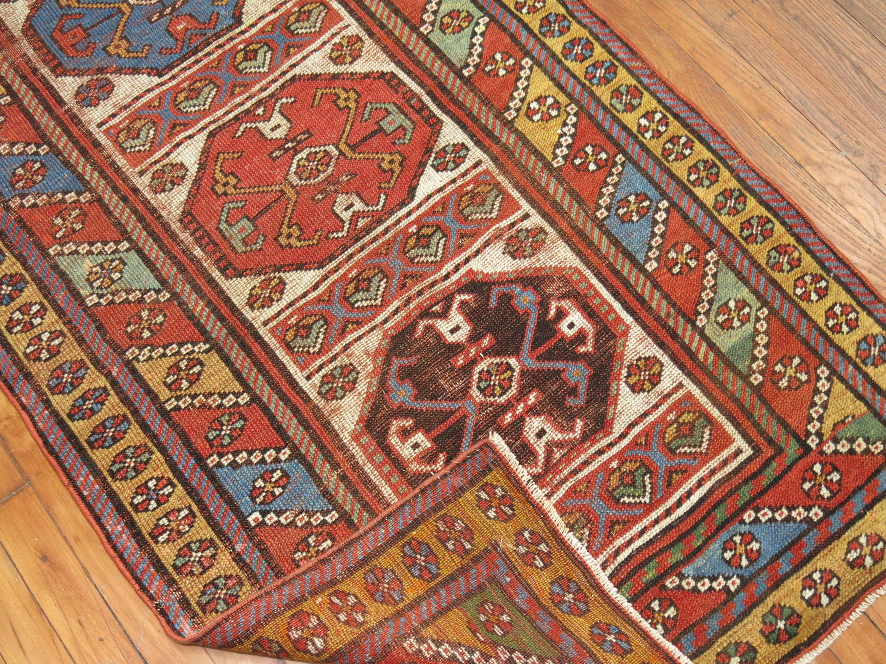 Zabihi Collection Tribal Geometric Antique Persian Kurdish Runner In Fair Condition For Sale In New York, NY