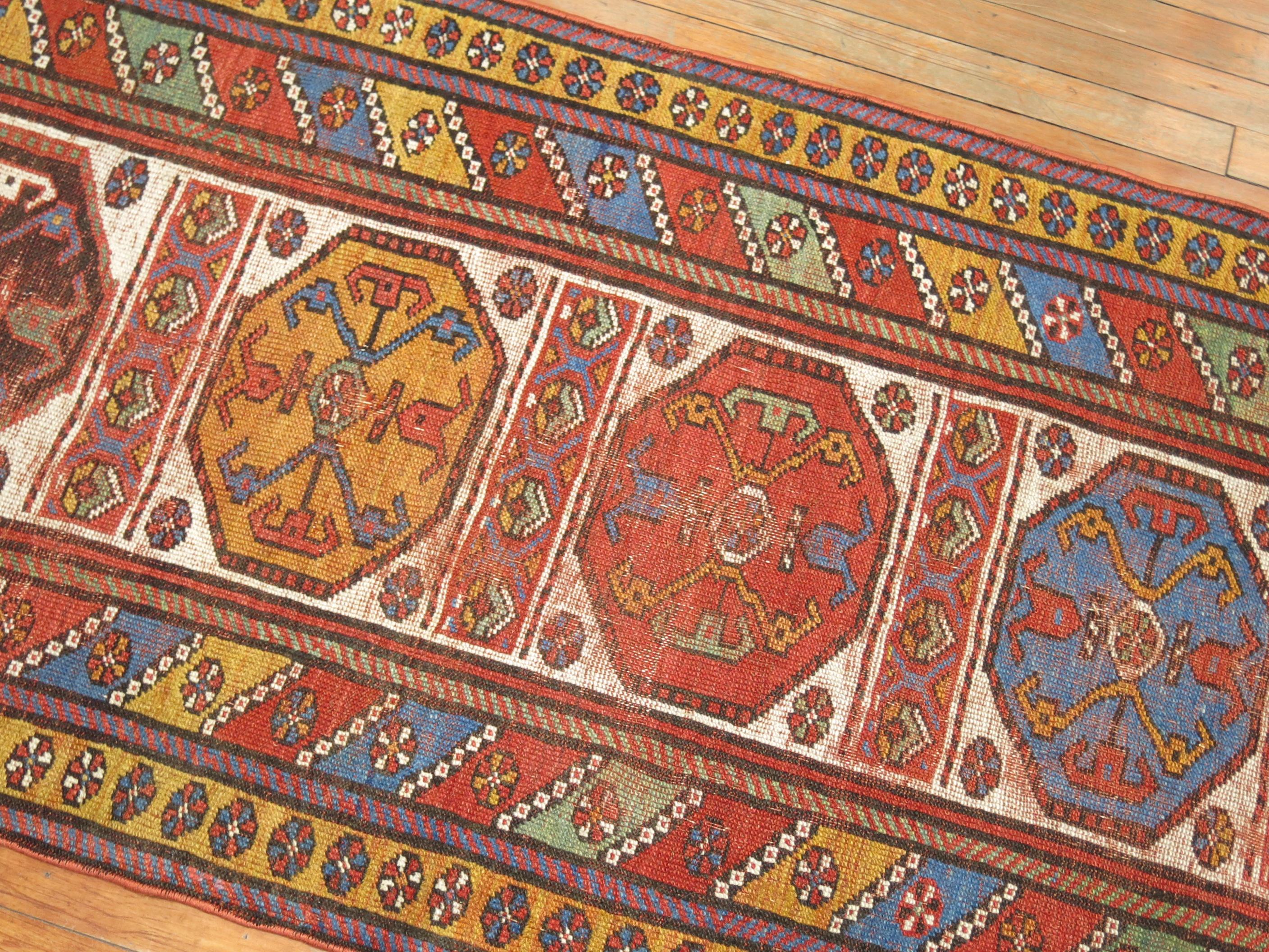 Wool Zabihi Collection Tribal Geometric Antique Persian Kurdish Runner For Sale