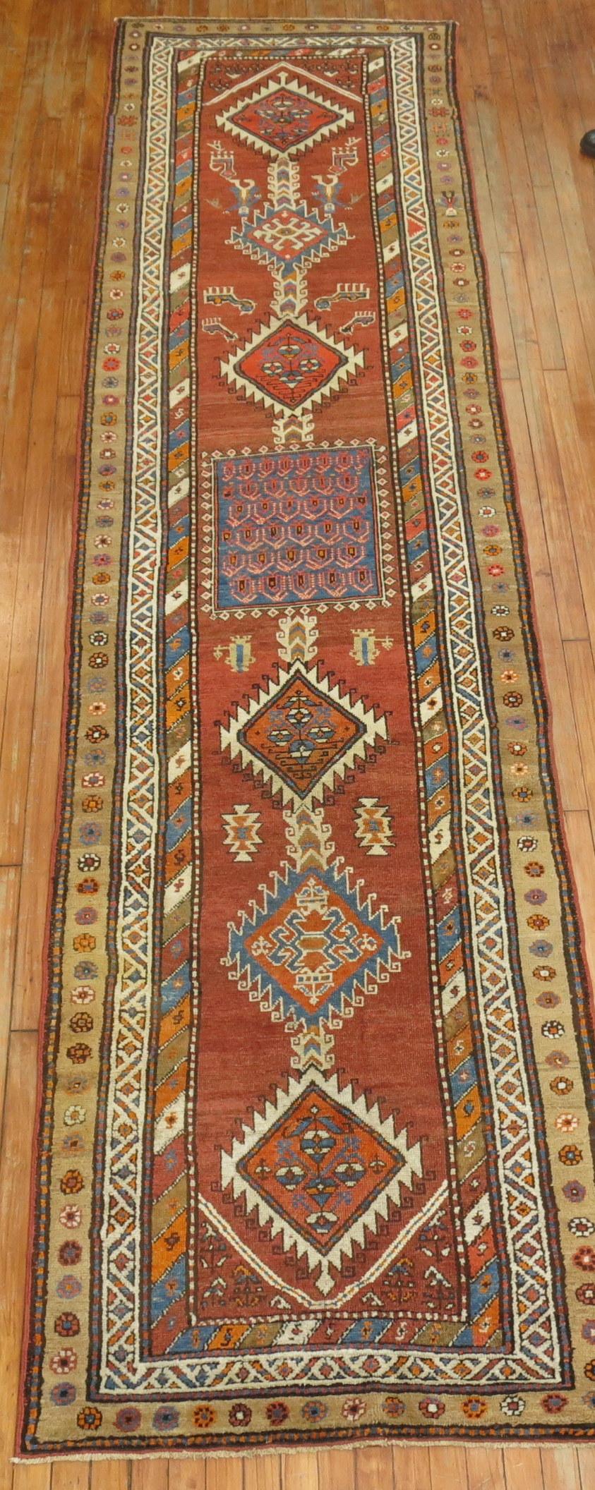 Hand-Knotted Zabihi Collection Tribal Geometric Antique Persian Runner For Sale