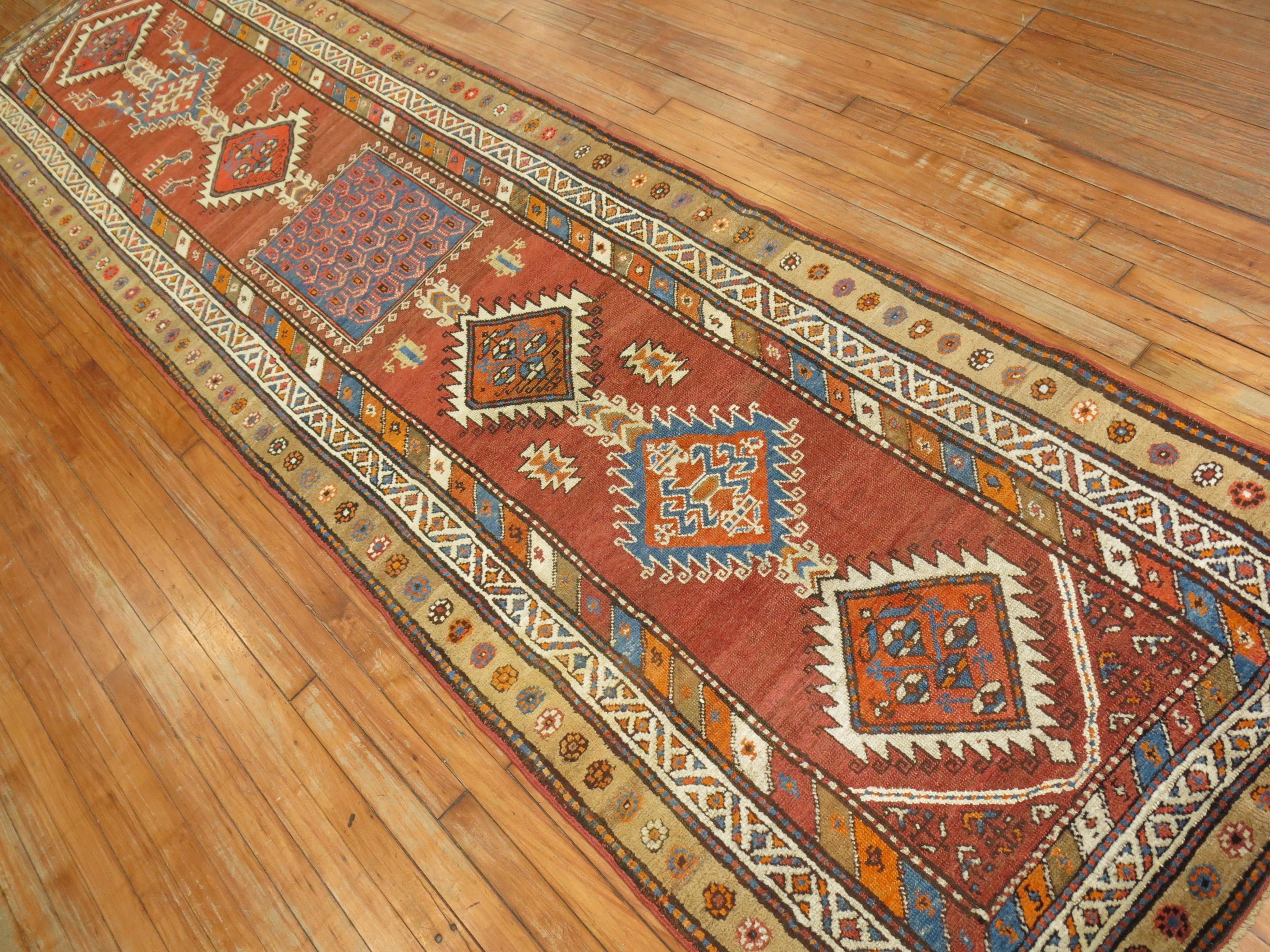 Wool Zabihi Collection Tribal Geometric Antique Persian Runner For Sale
