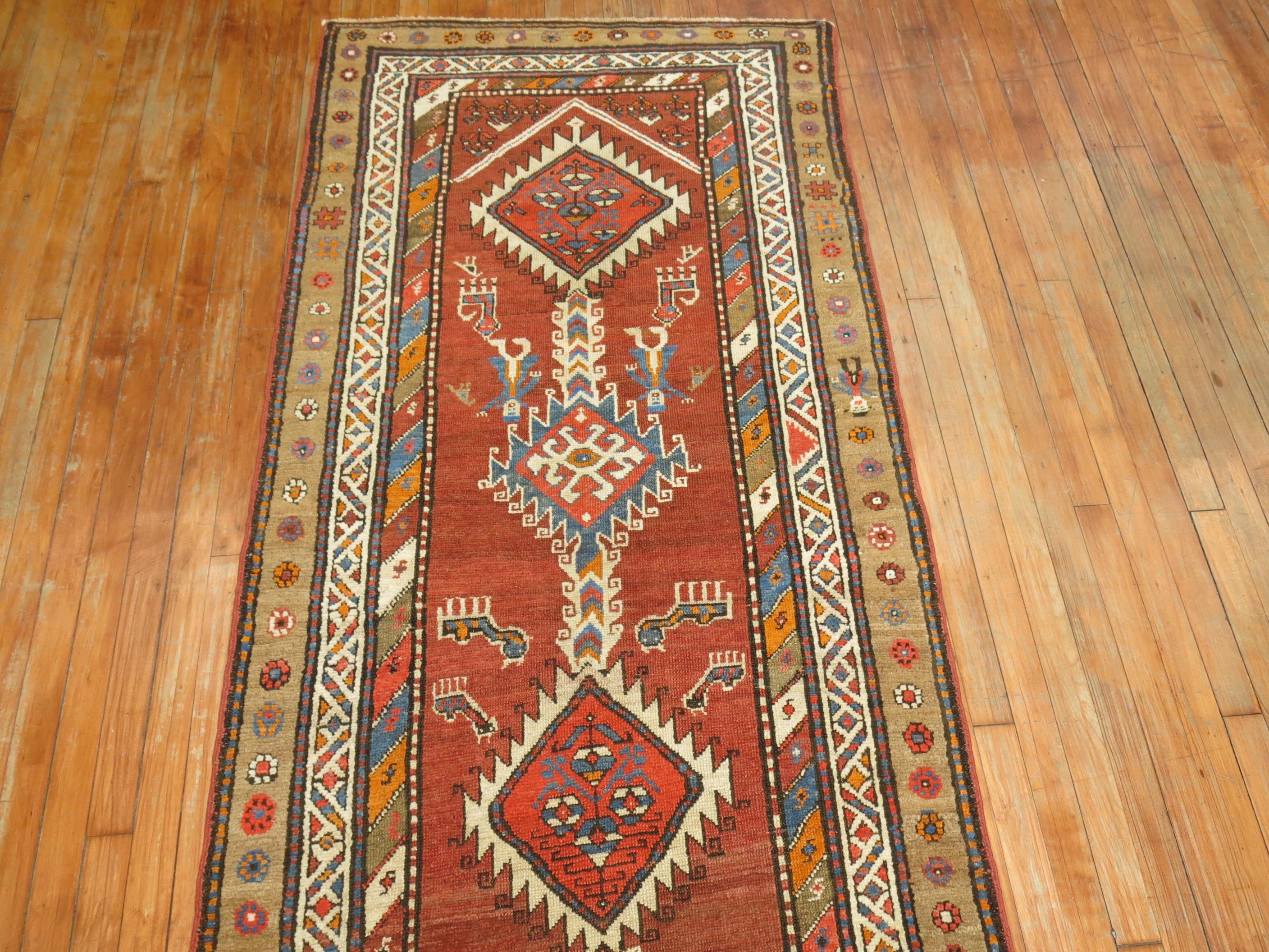 Zabihi Collection Tribal Geometric Antique Persian Runner For Sale 3