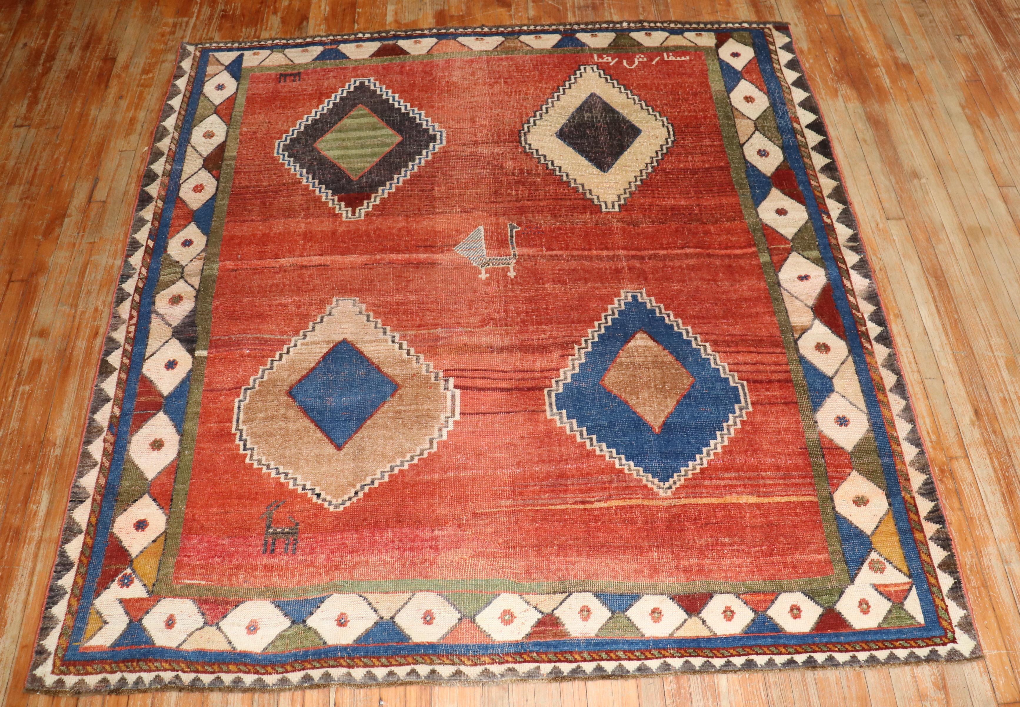 Zabihi Collection Tribal Square Antique Persian Gabbeh Rug For Sale 5