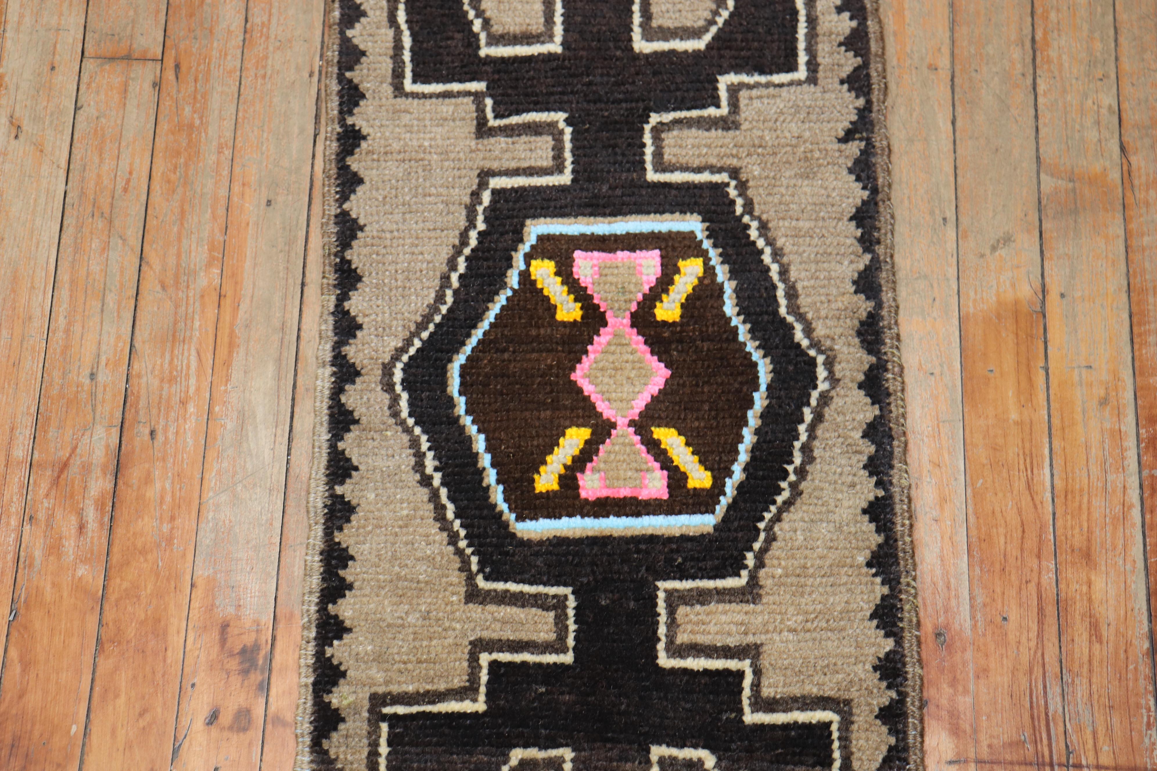 Zabihi Collection Tribal Turkish Anatolian Narrow Mini Mat Size Rug In Good Condition For Sale In New York, NY