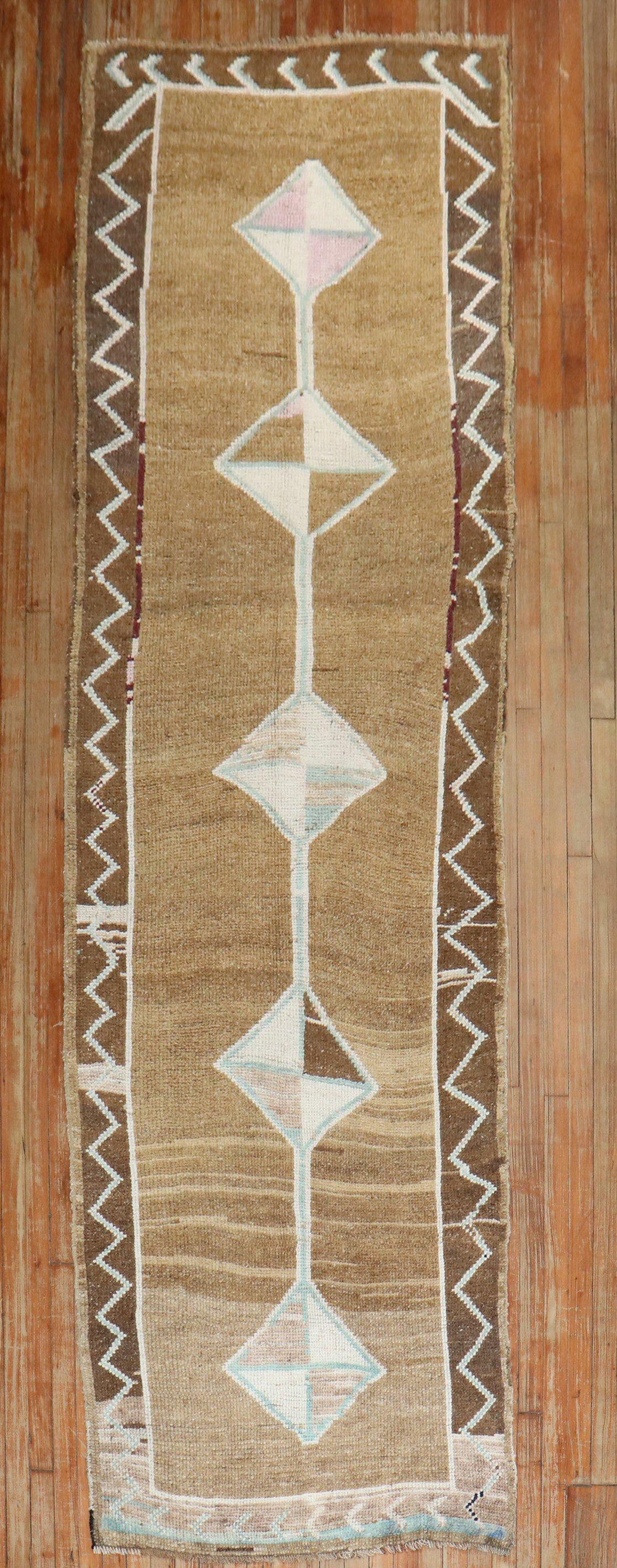 A Turkish  runner with a geometric design on a brown field

3'4'' x 11'6''


