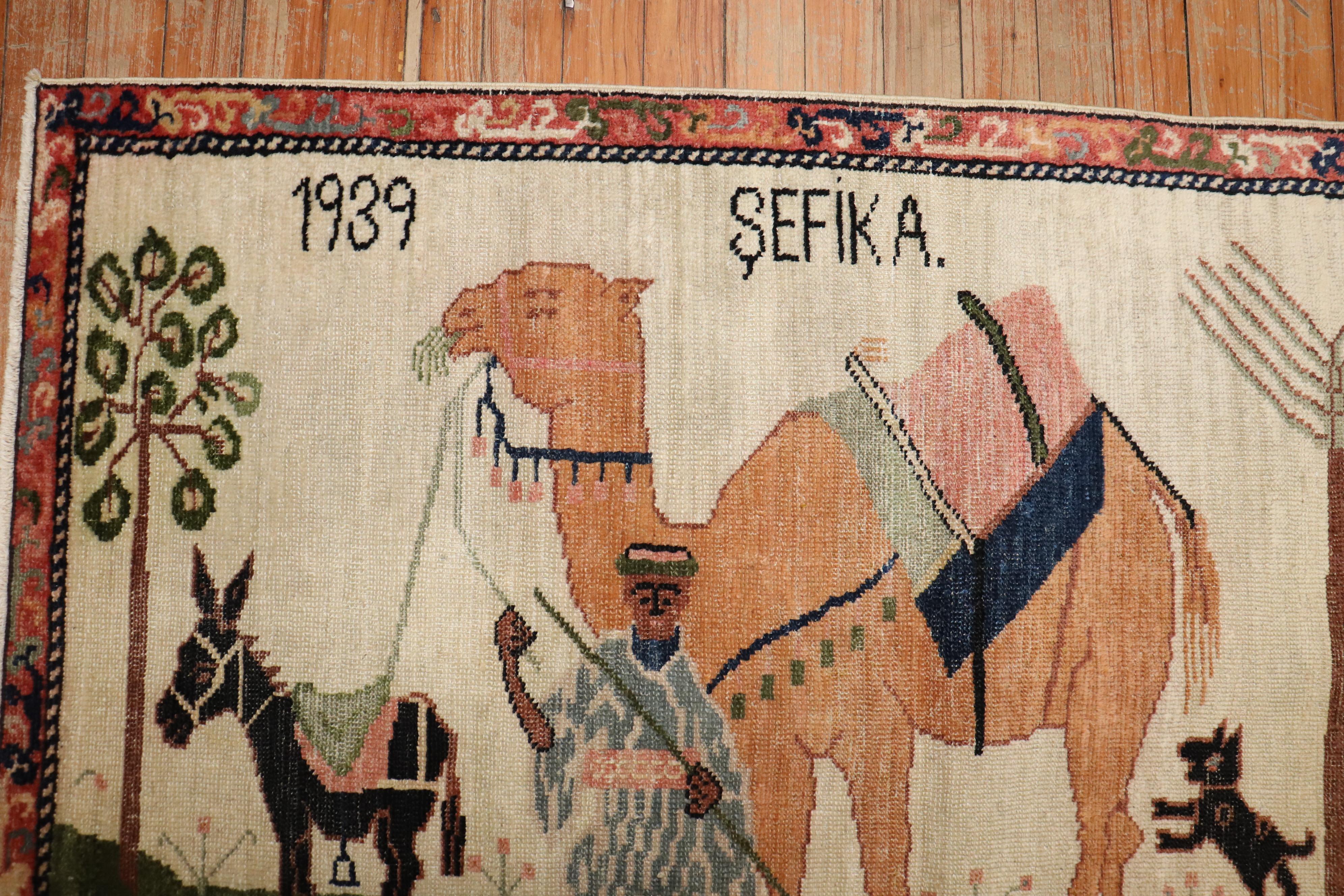 Mid-20th Century Zabihi Collection Turkish Anatolian Animal Caravan Camel Rug Dated 1939 For Sale