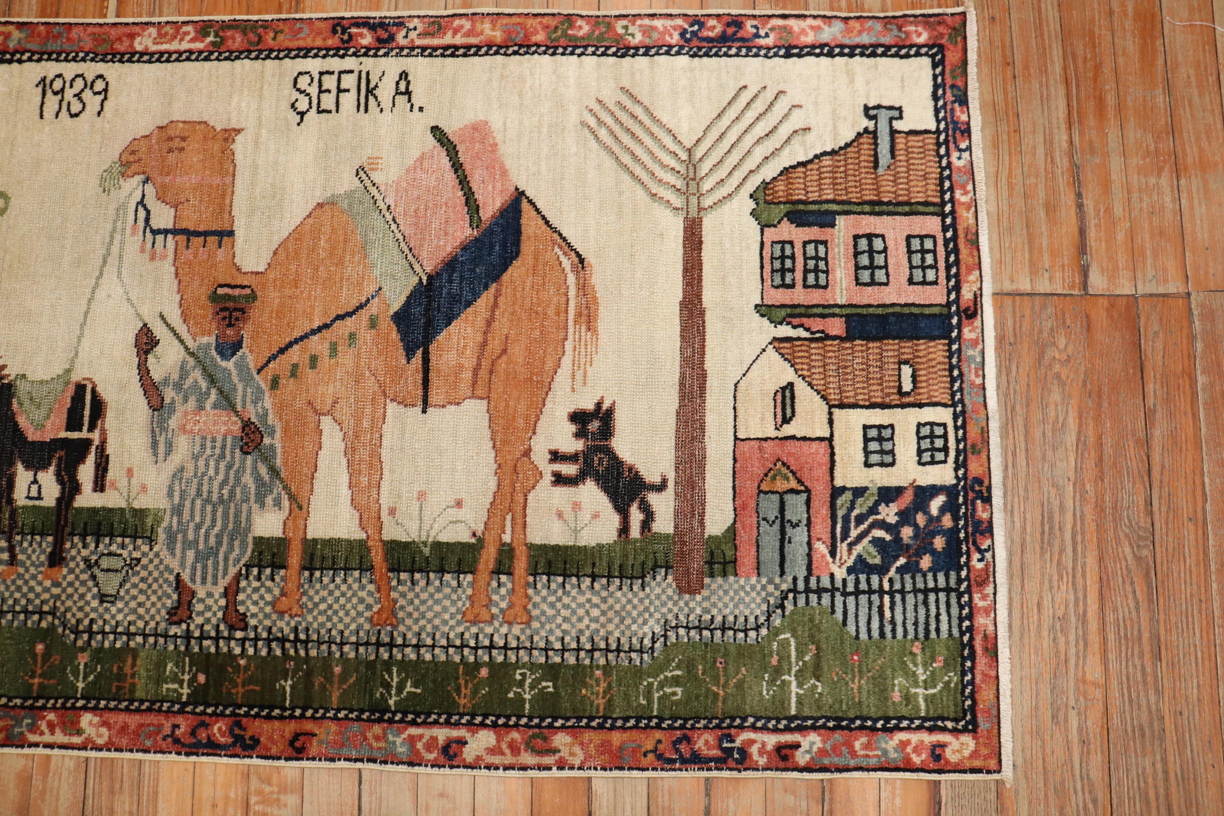 Wool Zabihi Collection Turkish Anatolian Animal Caravan Camel Rug Dated 1939 For Sale