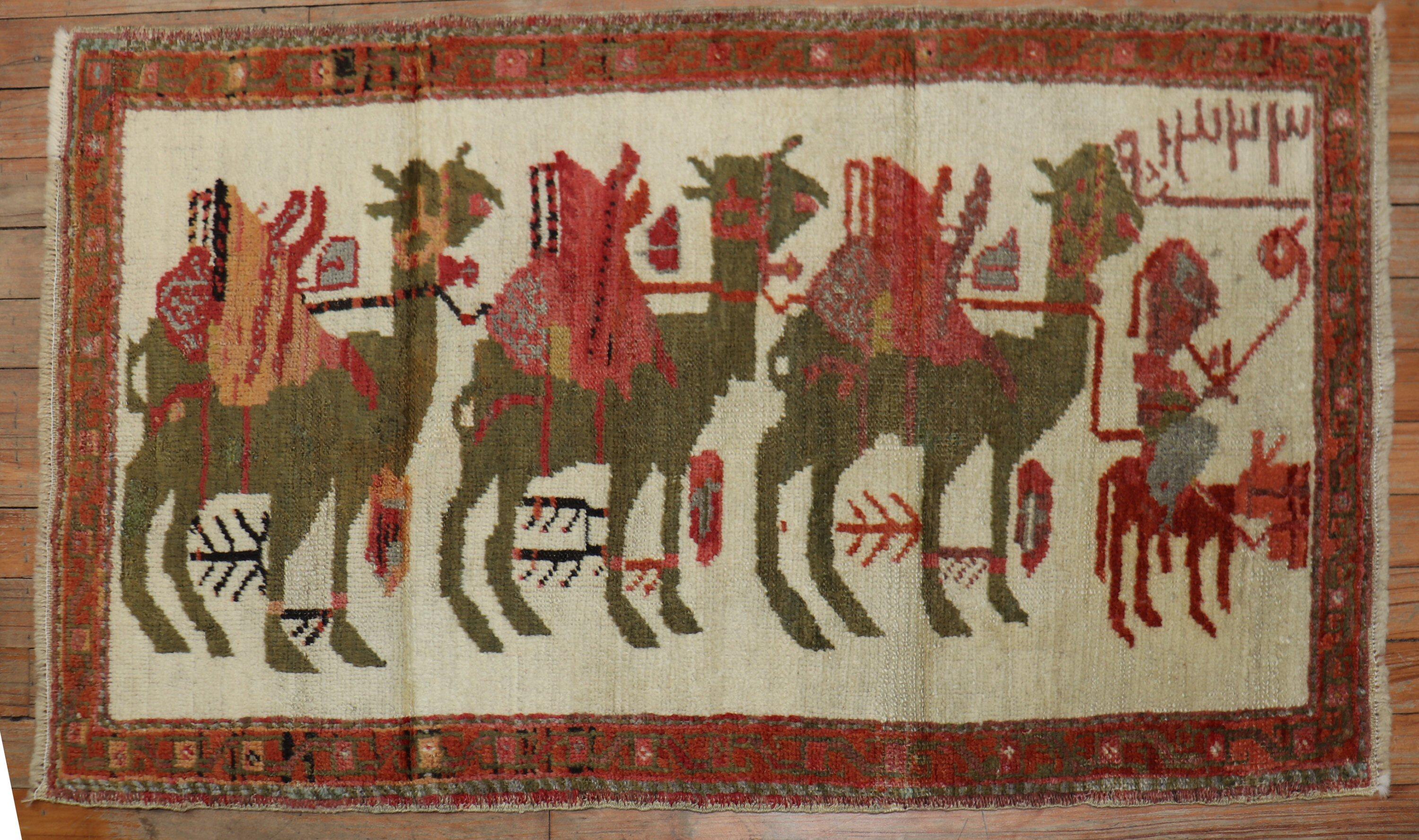 Hand-Knotted Zabihi Collection Turkish Anatolian Animal Caravan Camel Small Rug For Sale