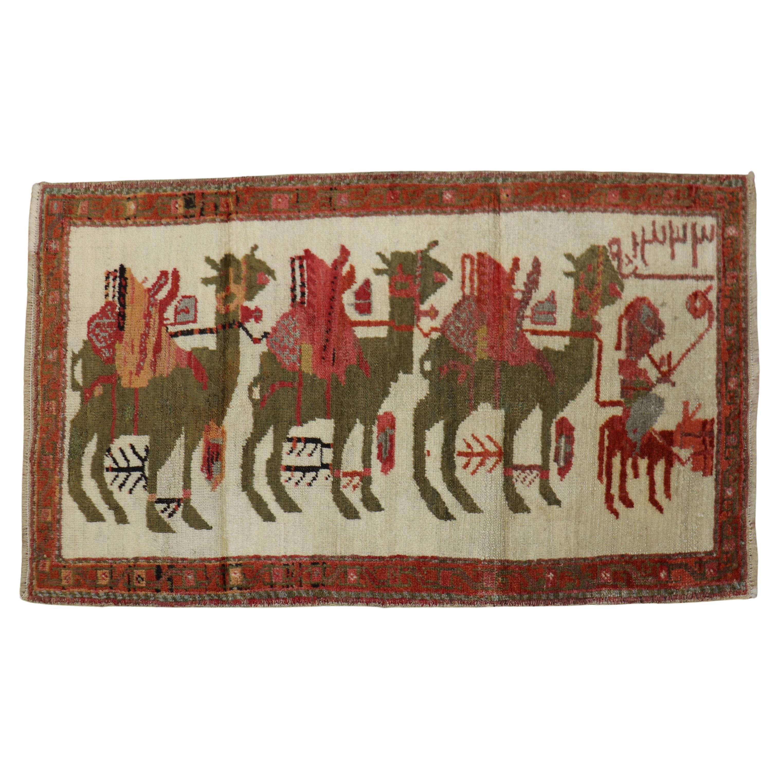 Zabihi Collection Turkish Anatolian Animal Caravan Camel Small Rug For Sale