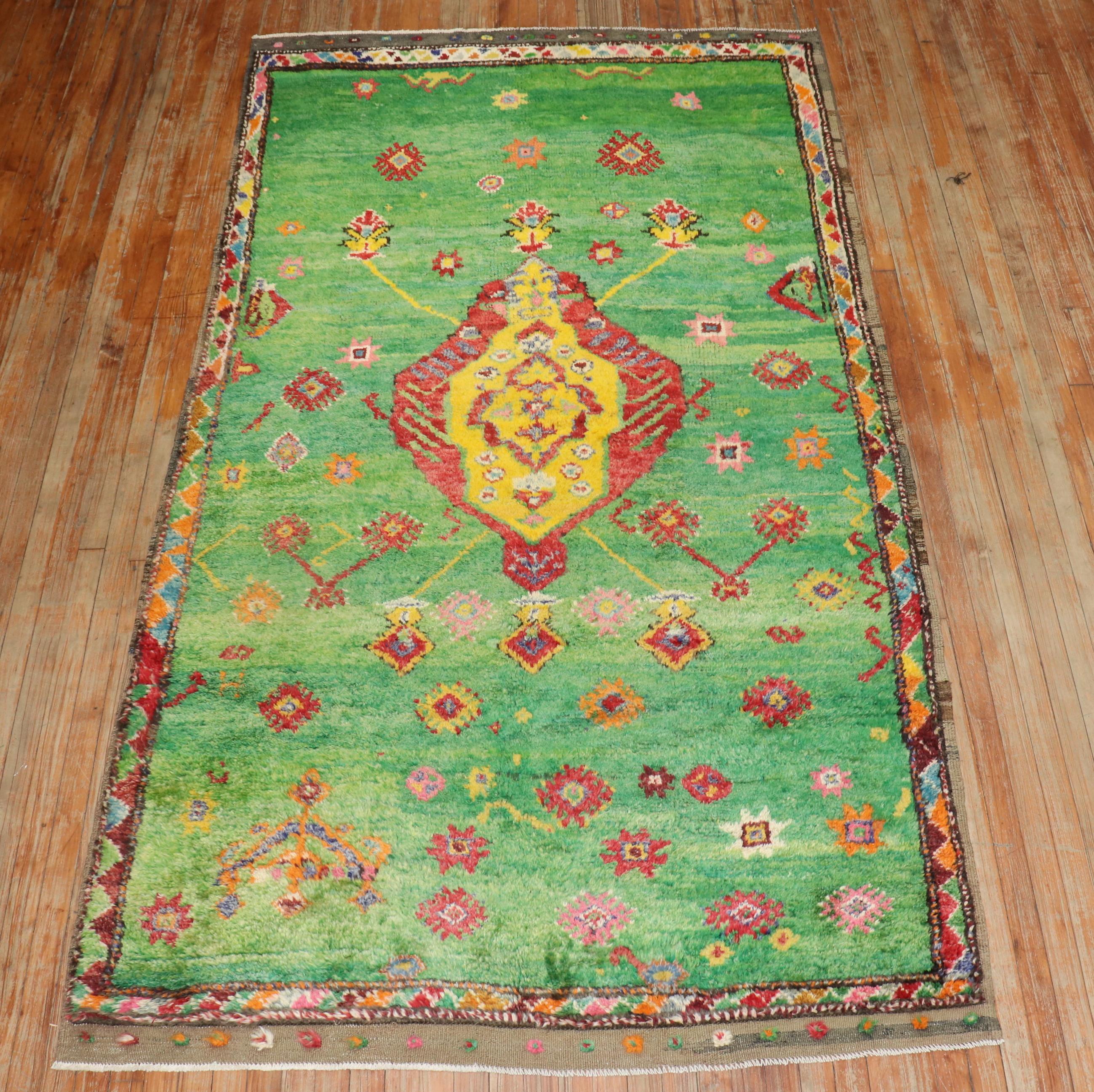 Hand-Knotted Zabihi Collection Vintage Bohemian Green Turkish Tulu Rug For Sale