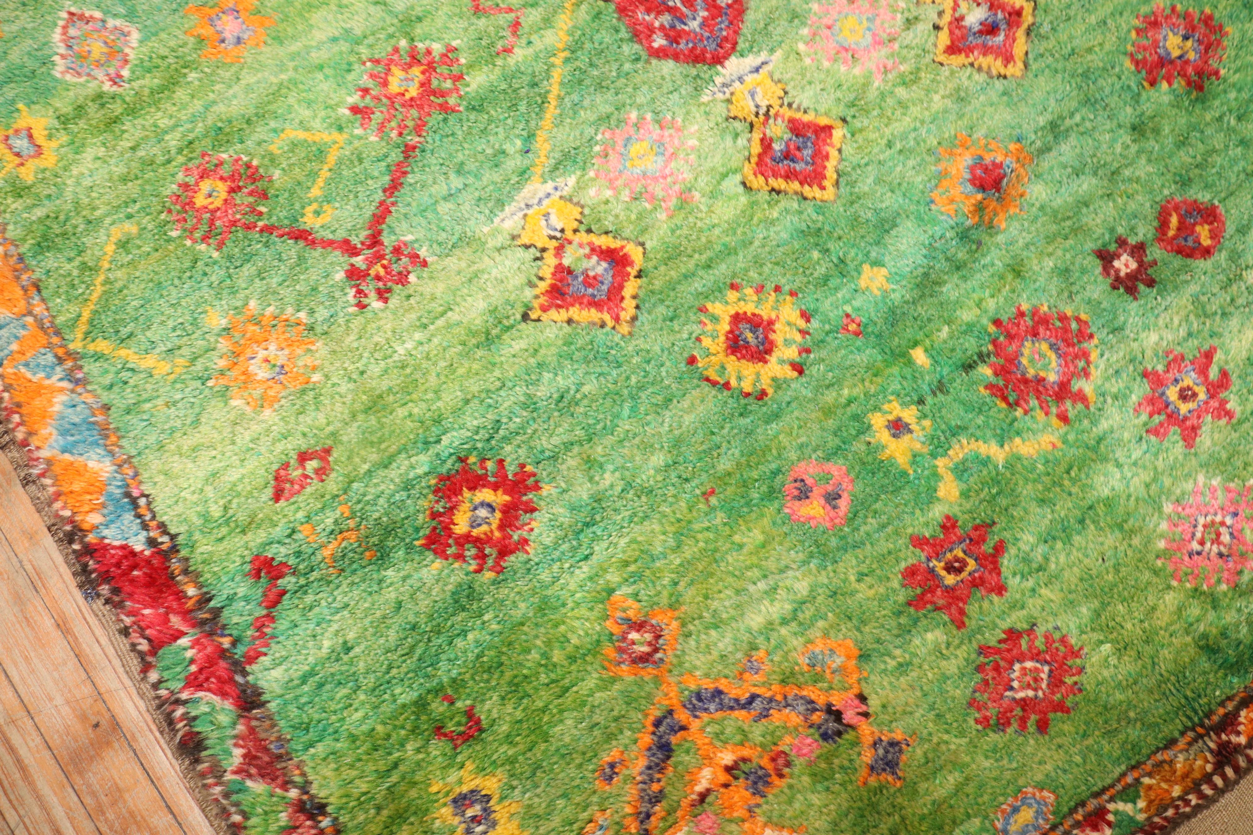 Wool Zabihi Collection Vintage Bohemian Green Turkish Tulu Rug For Sale