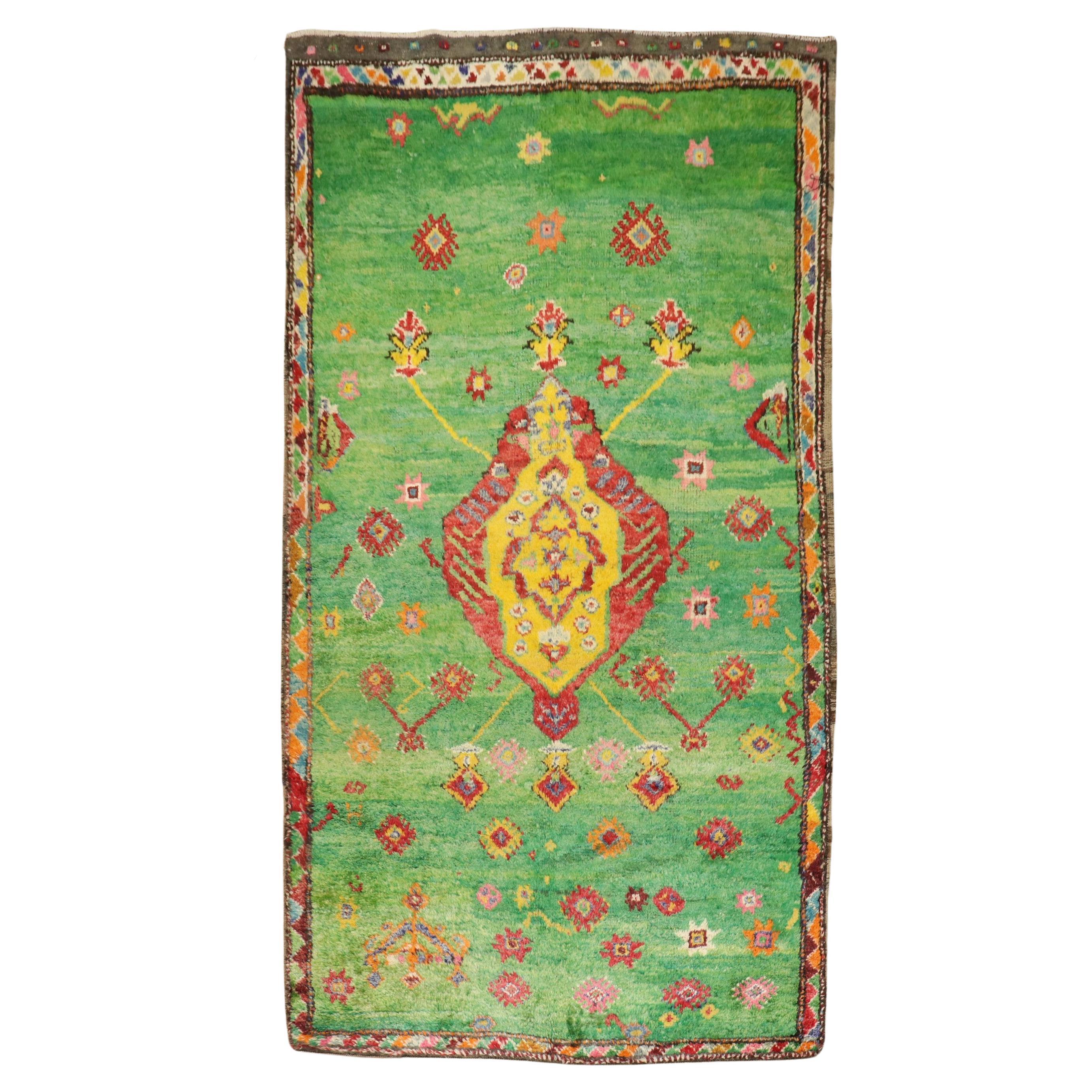 Zabihi Collection Vintage Bohemian Green Turkish Tulu Rug For Sale