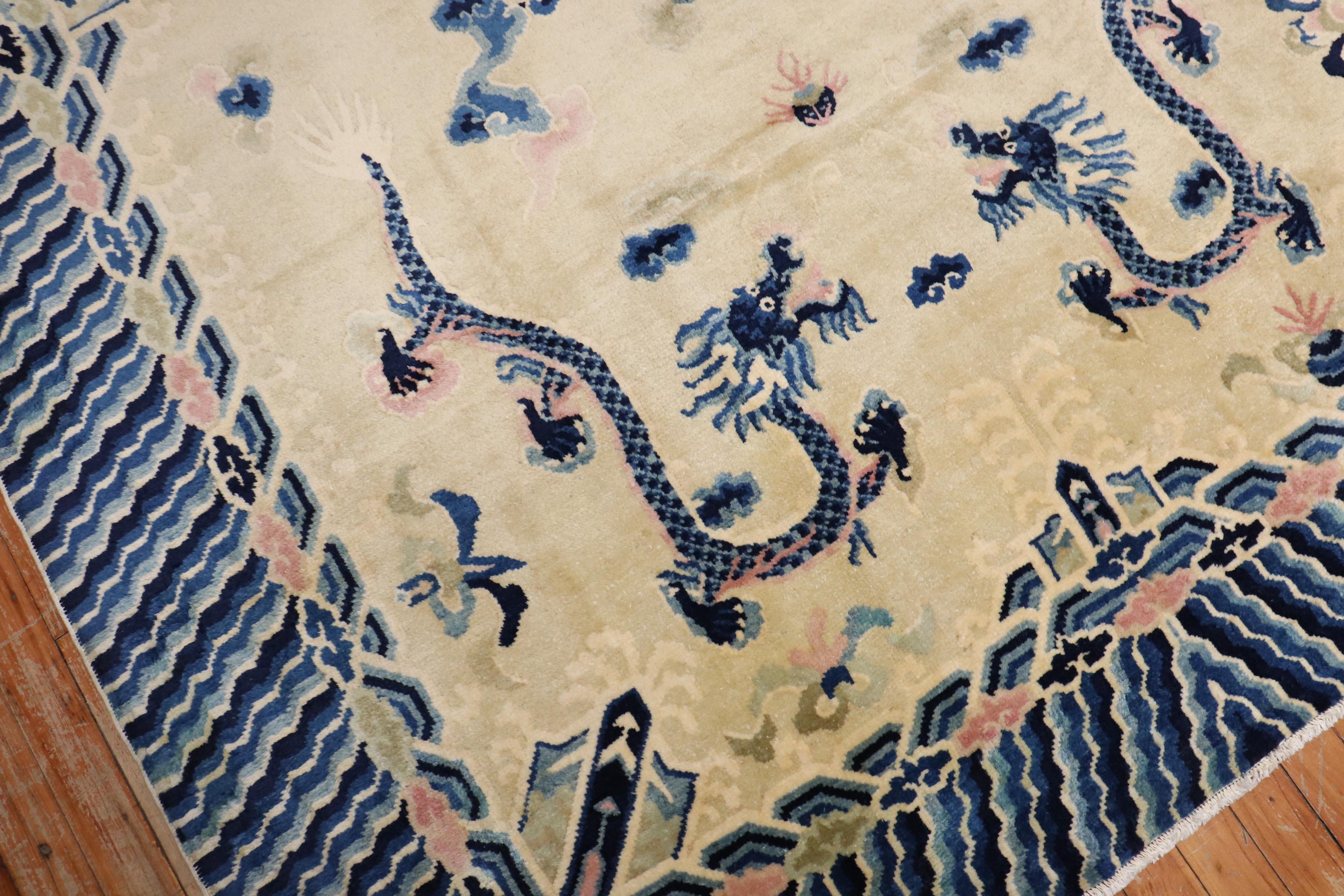 Hand-Woven Zabihi Collection Vintage Chinese Dragon Rug For Sale