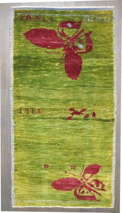Zabihi Collection Vintage Green Turkish Anatolian Butterfly Rug dated 1975