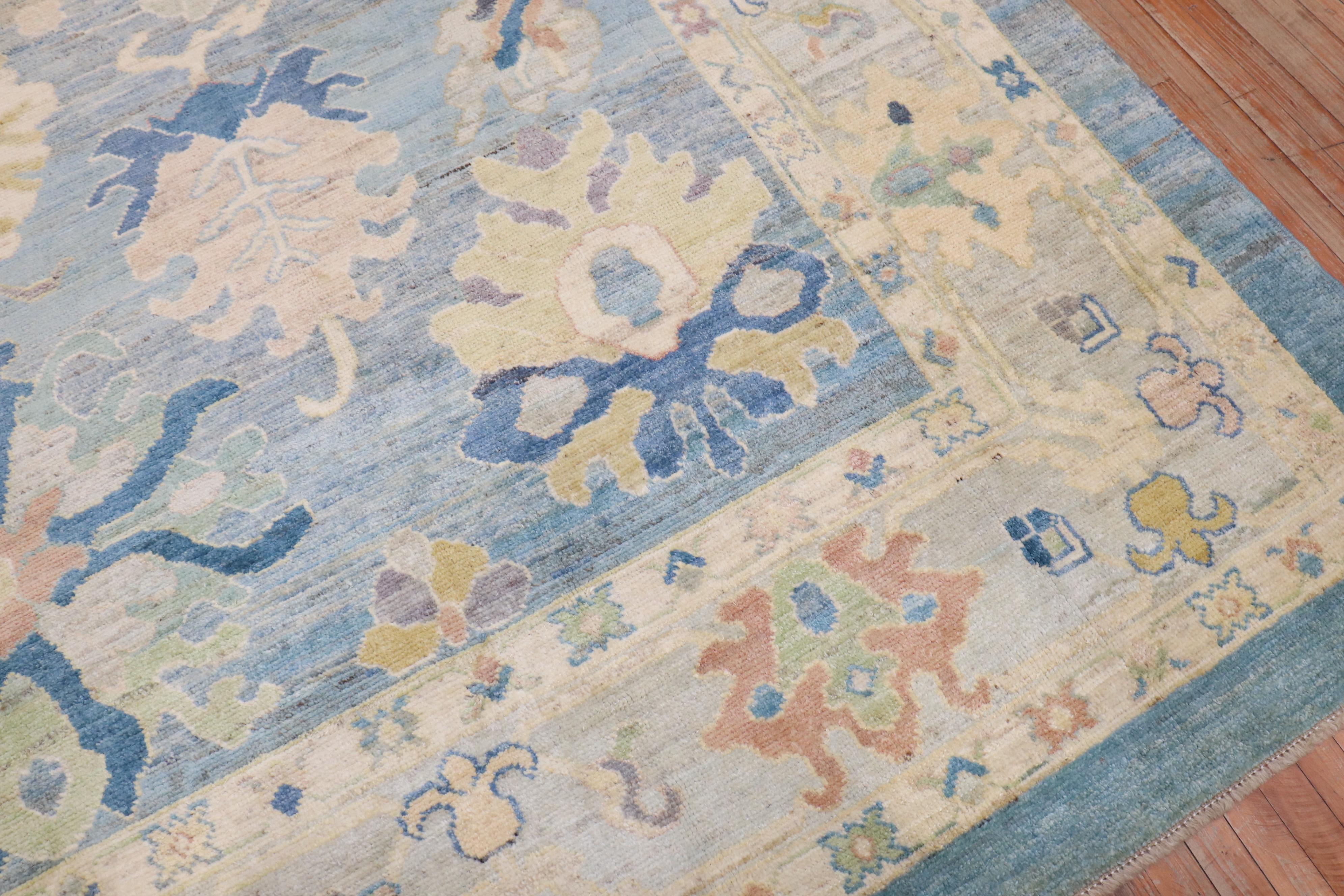 Zabihi Collection Vintage Inspired Blue Large Turkish Oushak Carpet For Sale 5