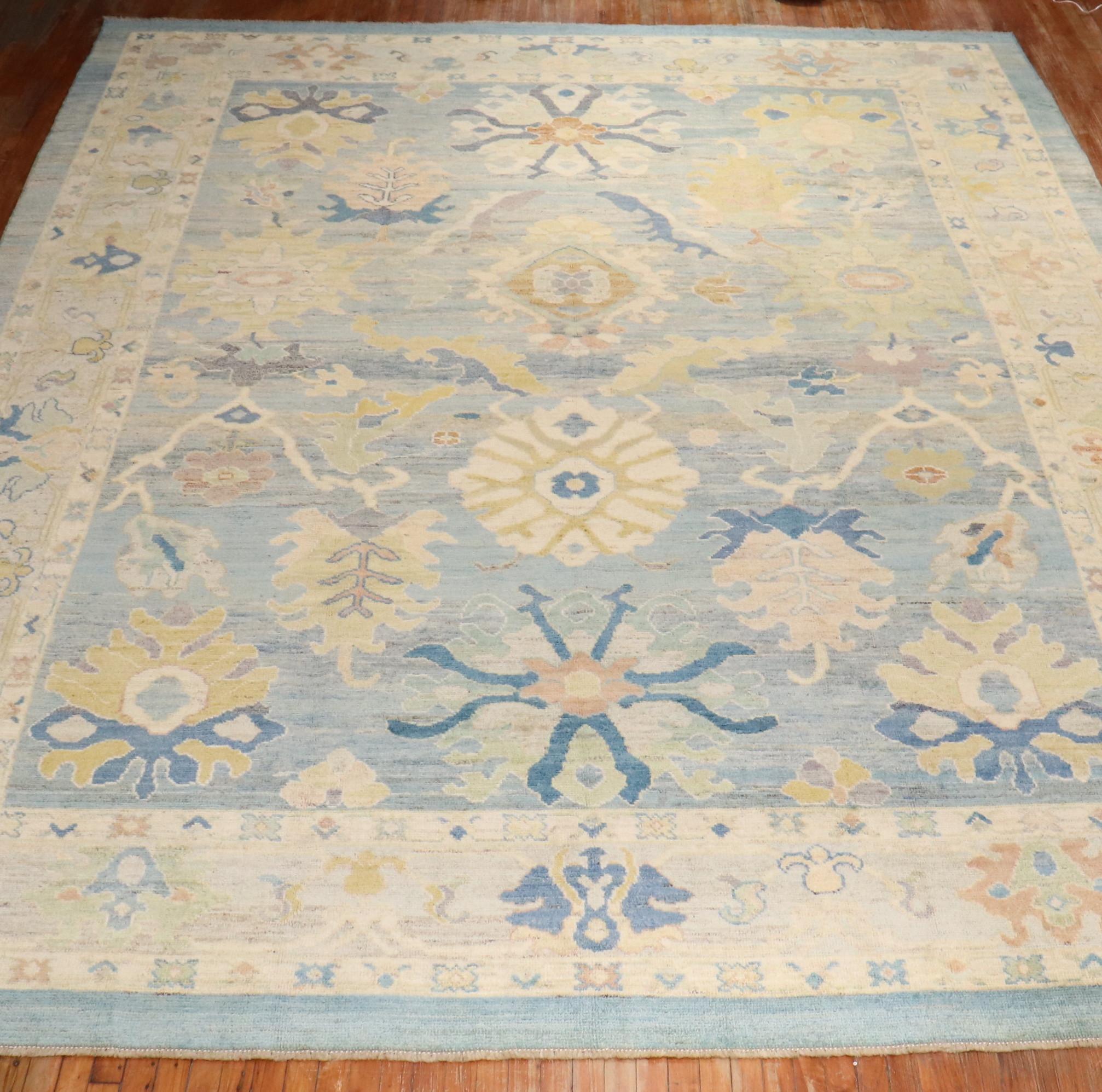 Zabihi Collection Vintage Inspired Blue Large Turkish Oushak Carpet For Sale 6