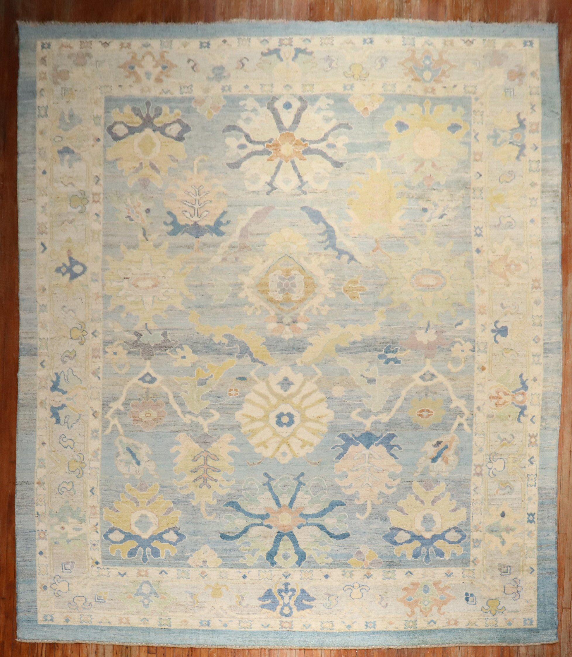 Zabihi Collection Vintage Inspired Blue Large Turkish Oushak Carpet For Sale 7