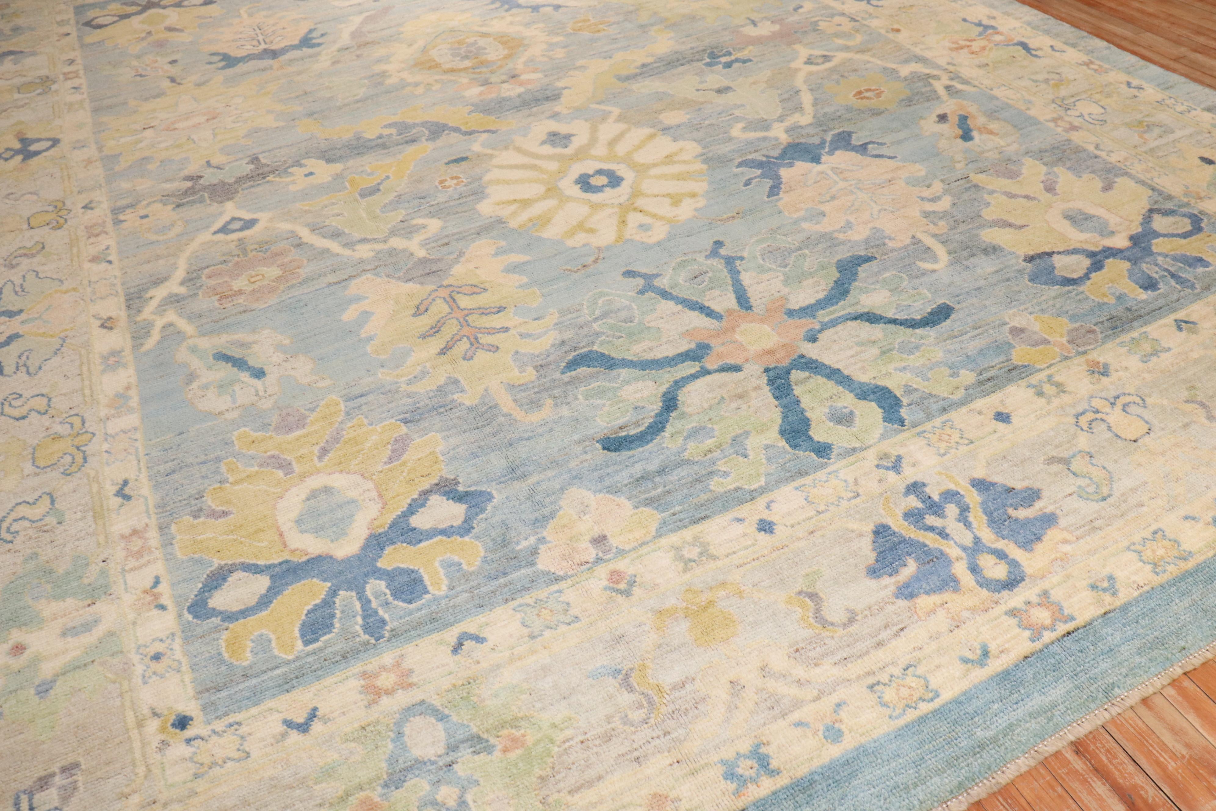 Zabihi Collection Vintage Inspired Blue Large Turkish Oushak Carpet For Sale 8