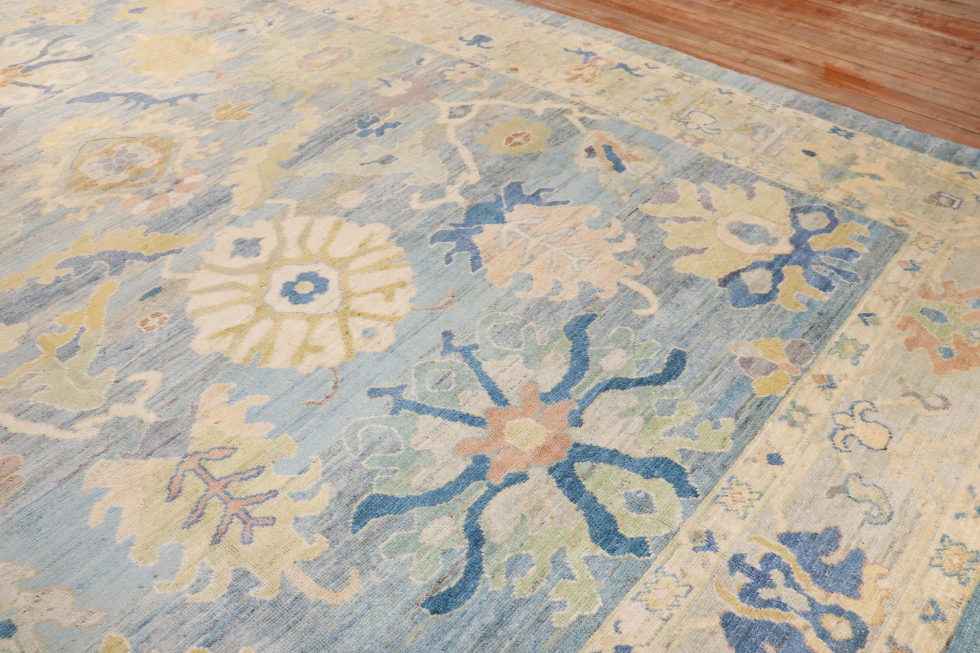 Zabihi Collection Vintage Inspired Blue Large Turkish Oushak Carpet In Excellent Condition For Sale In New York, NY