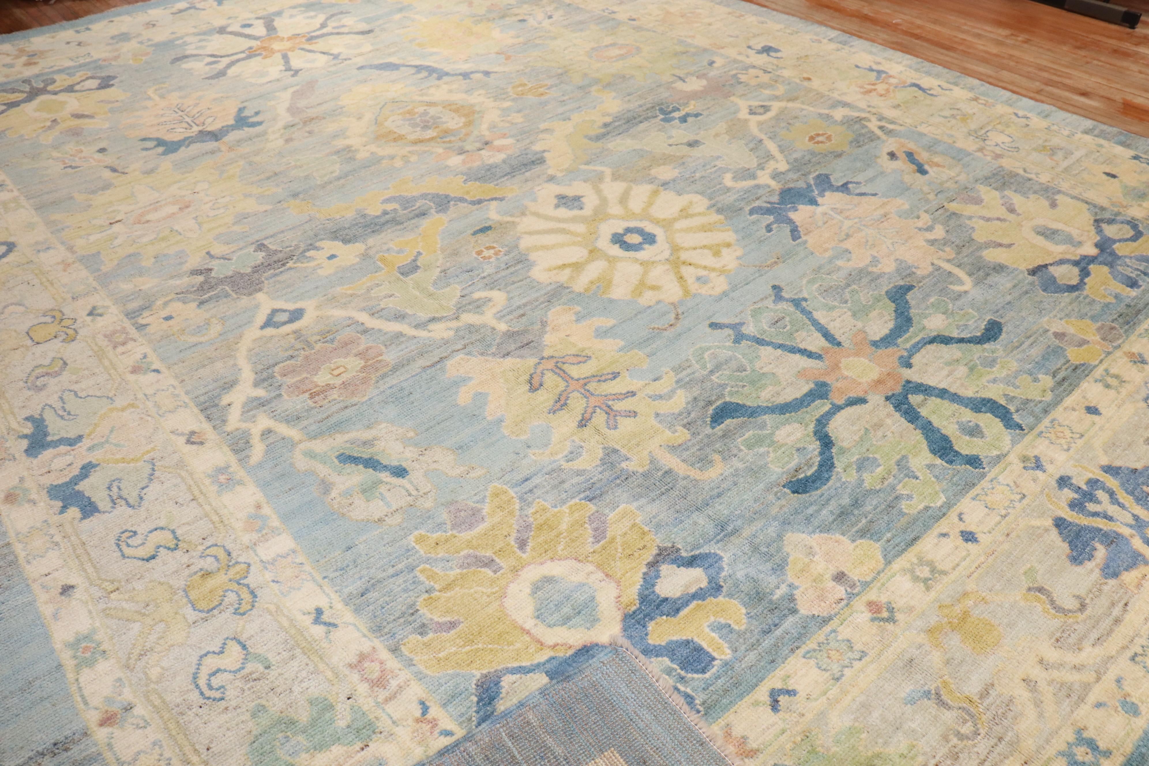 Contemporary Zabihi Collection Vintage Inspired Blue Large Turkish Oushak Carpet For Sale