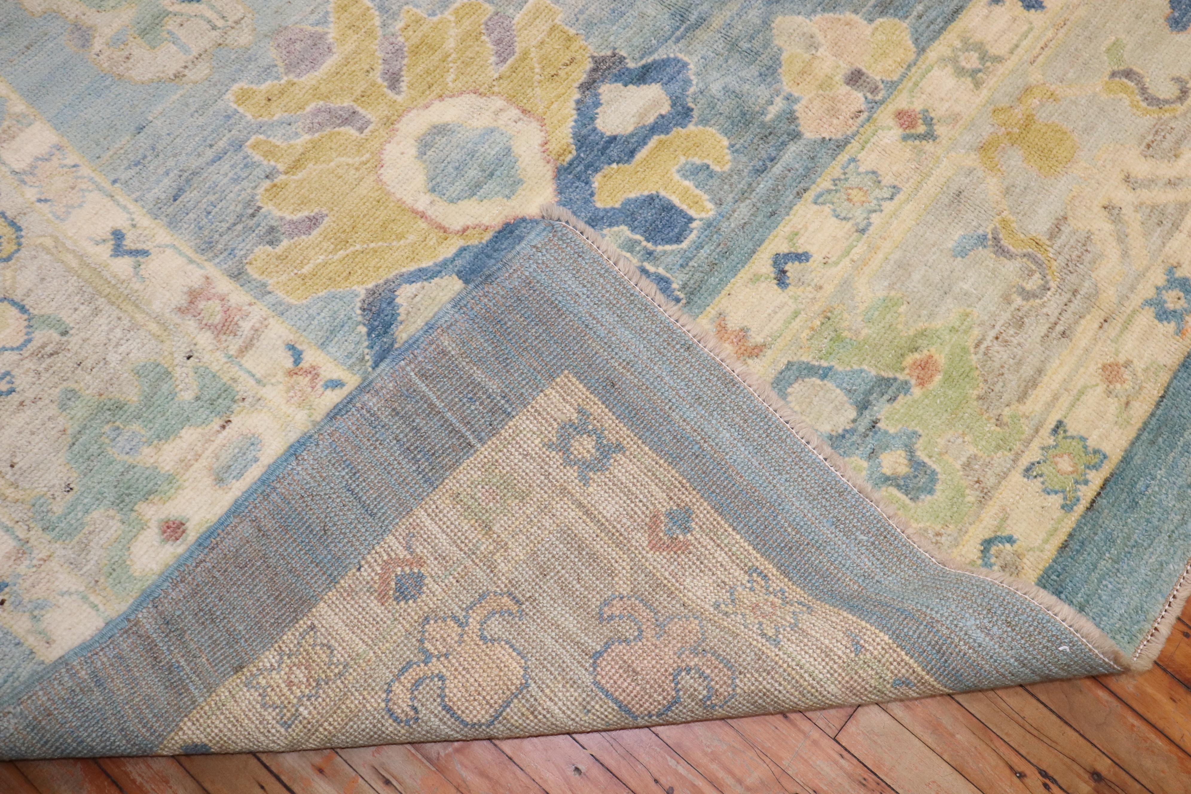 Wool Zabihi Collection Vintage Inspired Blue Large Turkish Oushak Carpet For Sale