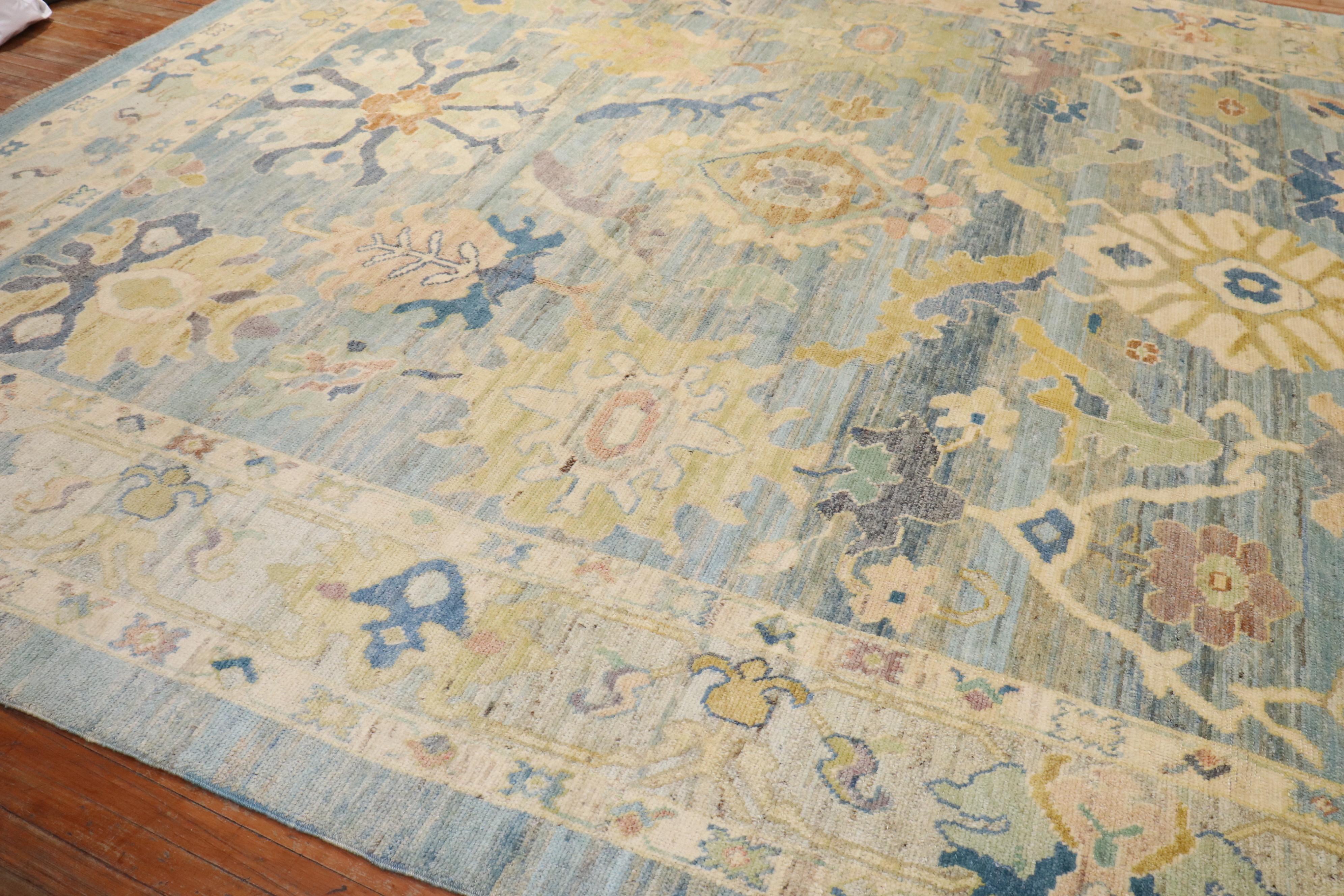 Zabihi Collection Vintage Inspired Blue Large Turkish Oushak Carpet For Sale 1