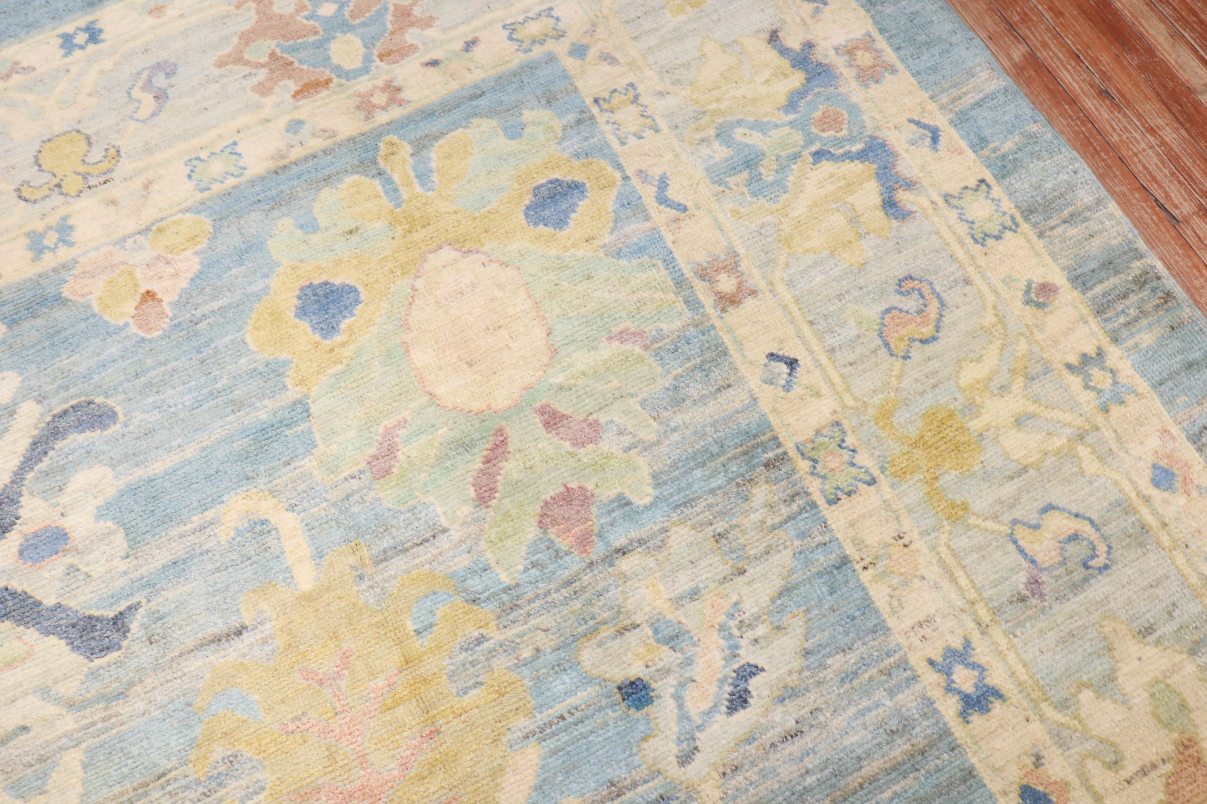 Zabihi Collection Vintage Inspired Blue Large Turkish Oushak Carpet For Sale 2