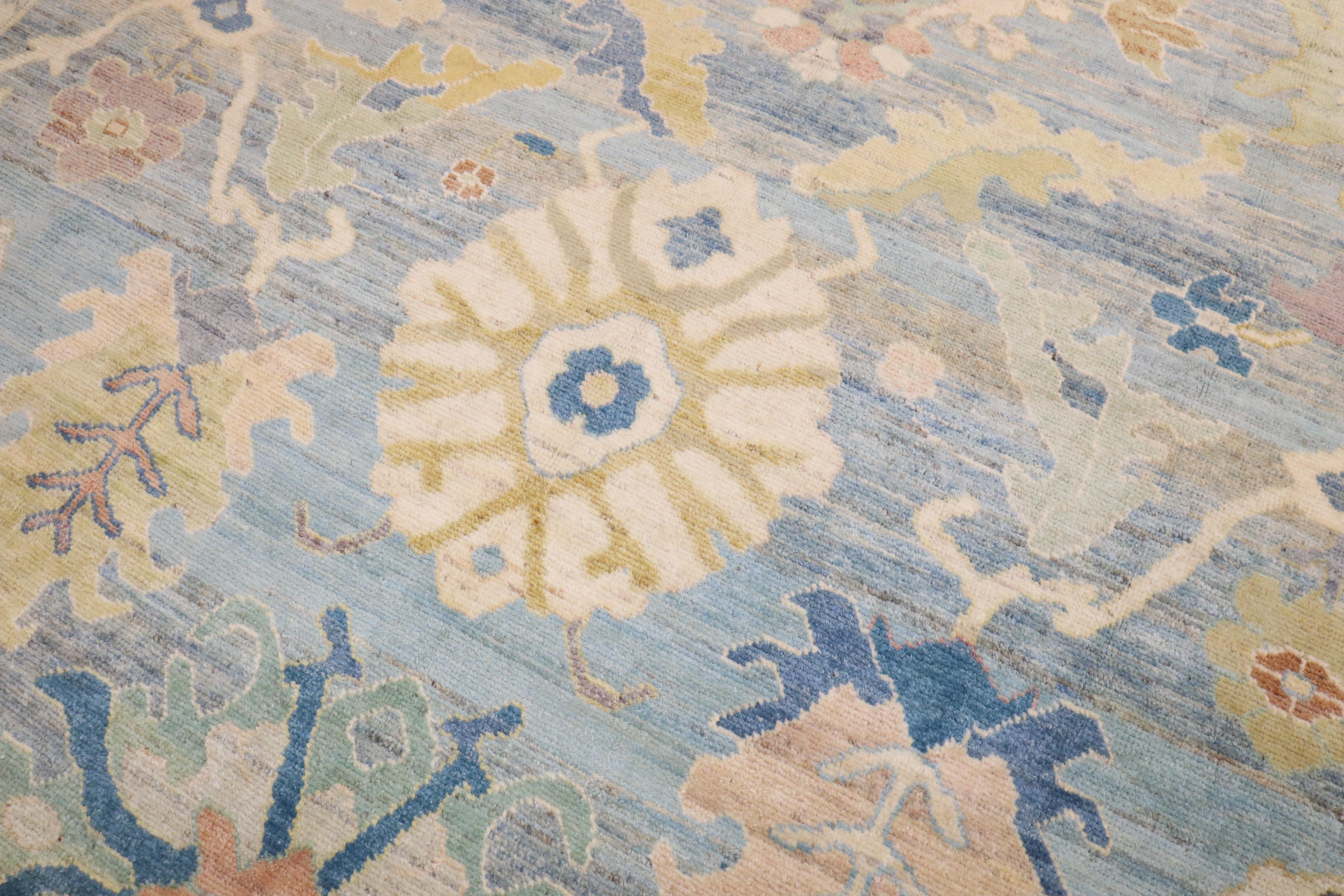 Zabihi Collection Vintage Inspired Blue Large Turkish Oushak Carpet For Sale 3