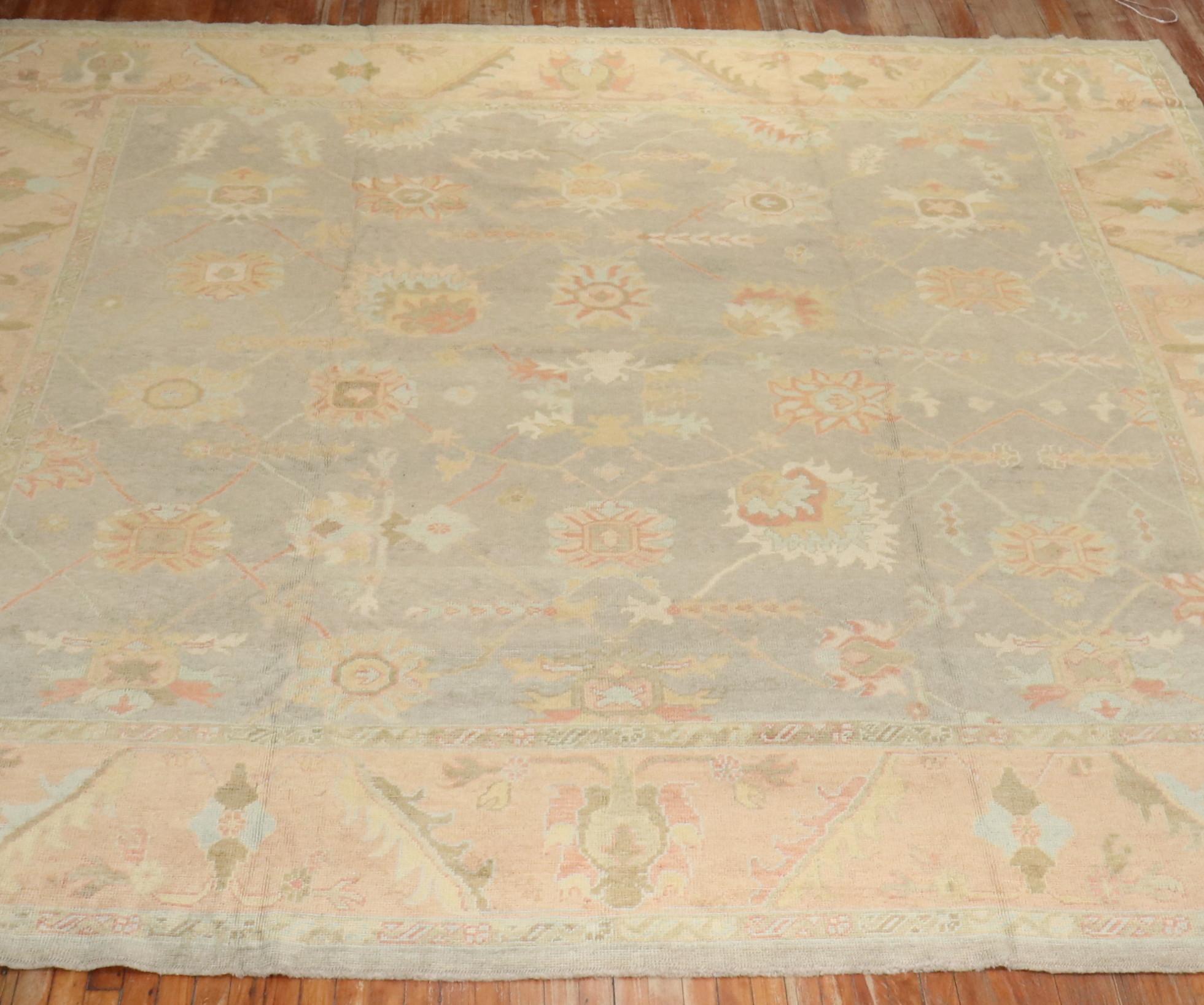 Hand-Knotted Zabihi Collection Vintage Inspired Large Gray Turkish Square Oushak Carpet For Sale