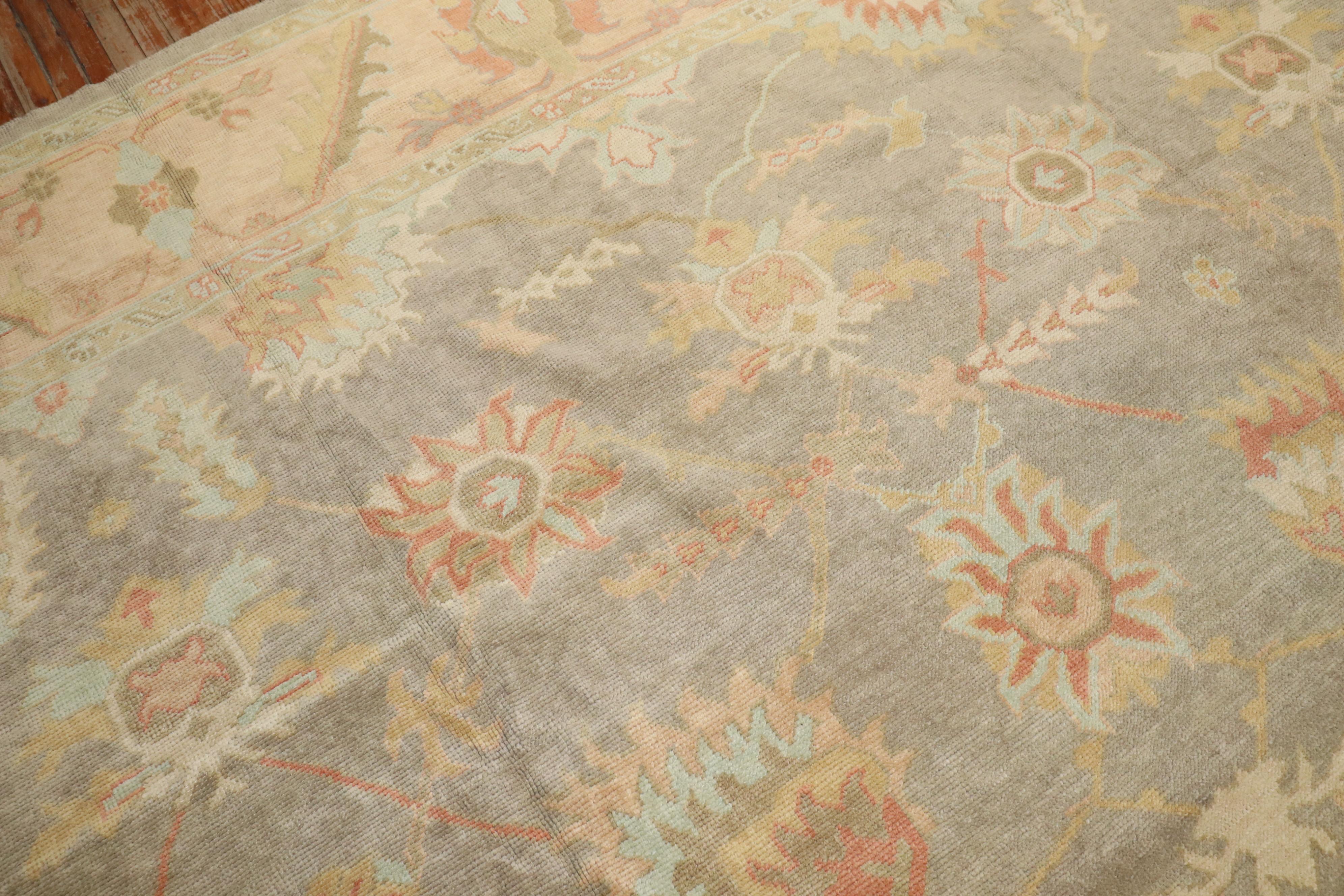 Zabihi Collection Vintage Inspired Large Gray Turkish Square Oushak Carpet For Sale 3