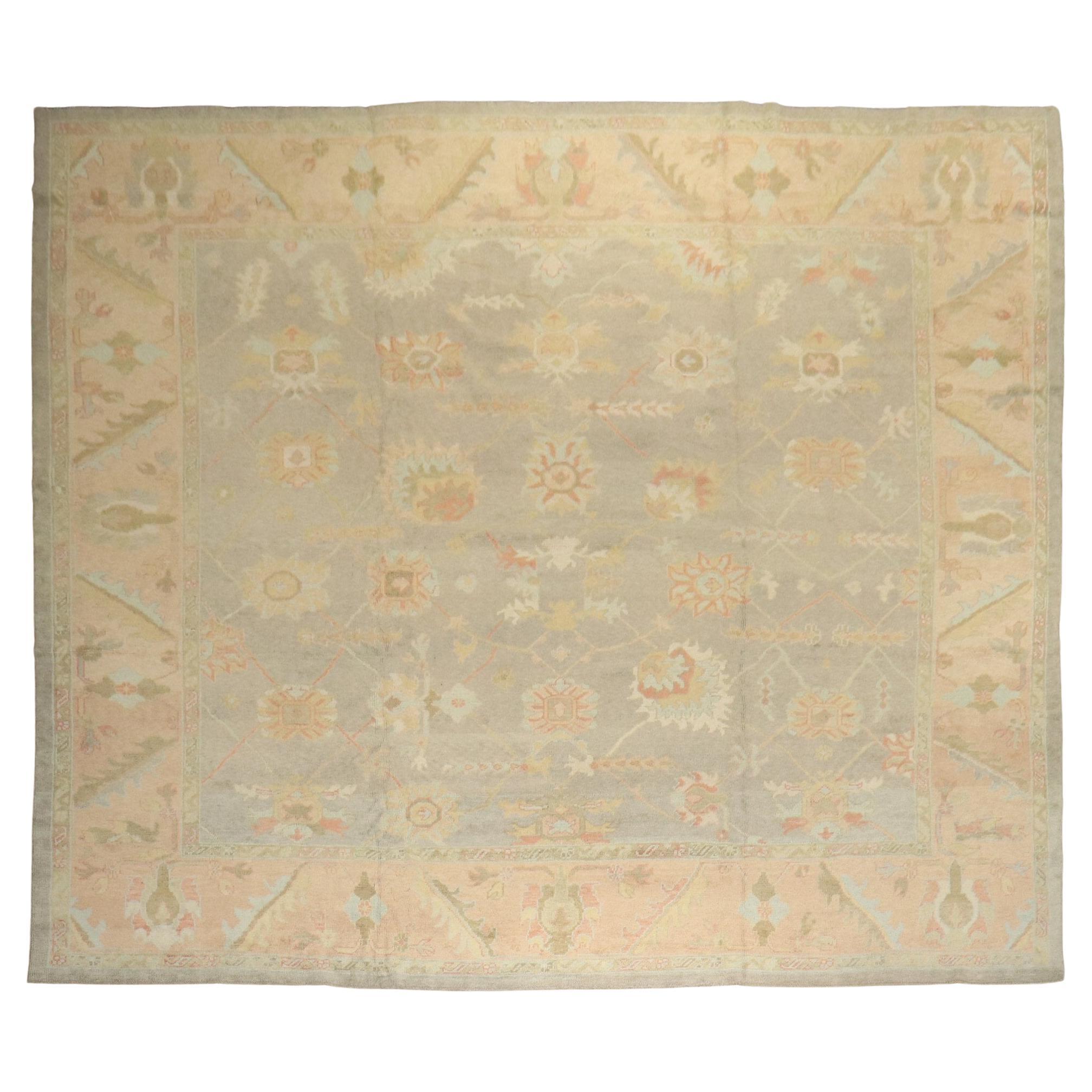 Zabihi Collection Vintage Inspired Large Gray Turkish Square Oushak Carpet For Sale