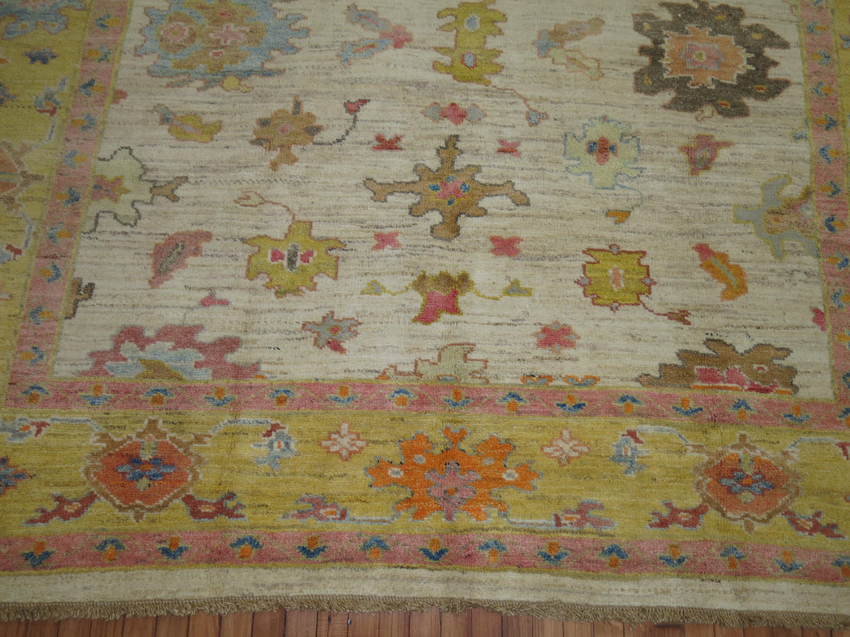 Hand-Knotted Zabihi Collection Vintage Inspired Turkish Oushak Rug For Sale