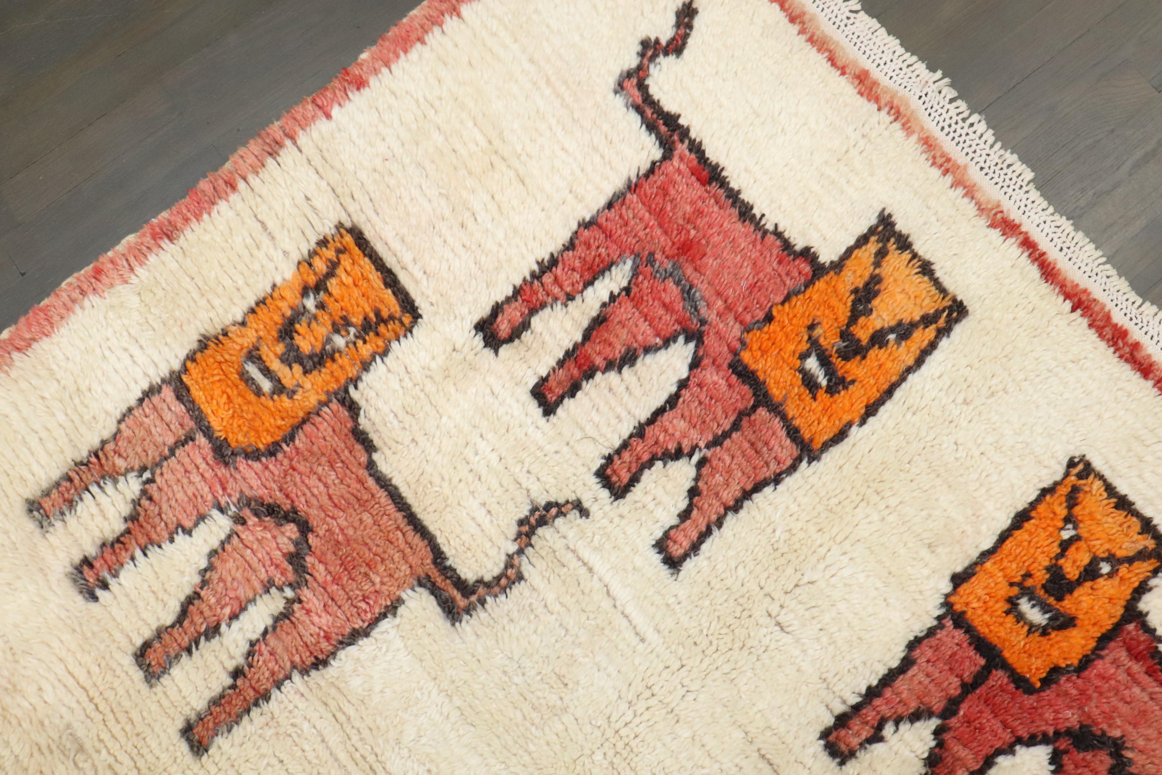 Mid-Century Modern Zabihi Collection Vintage Moroccan Square Hallucinating Lions Rug For Sale