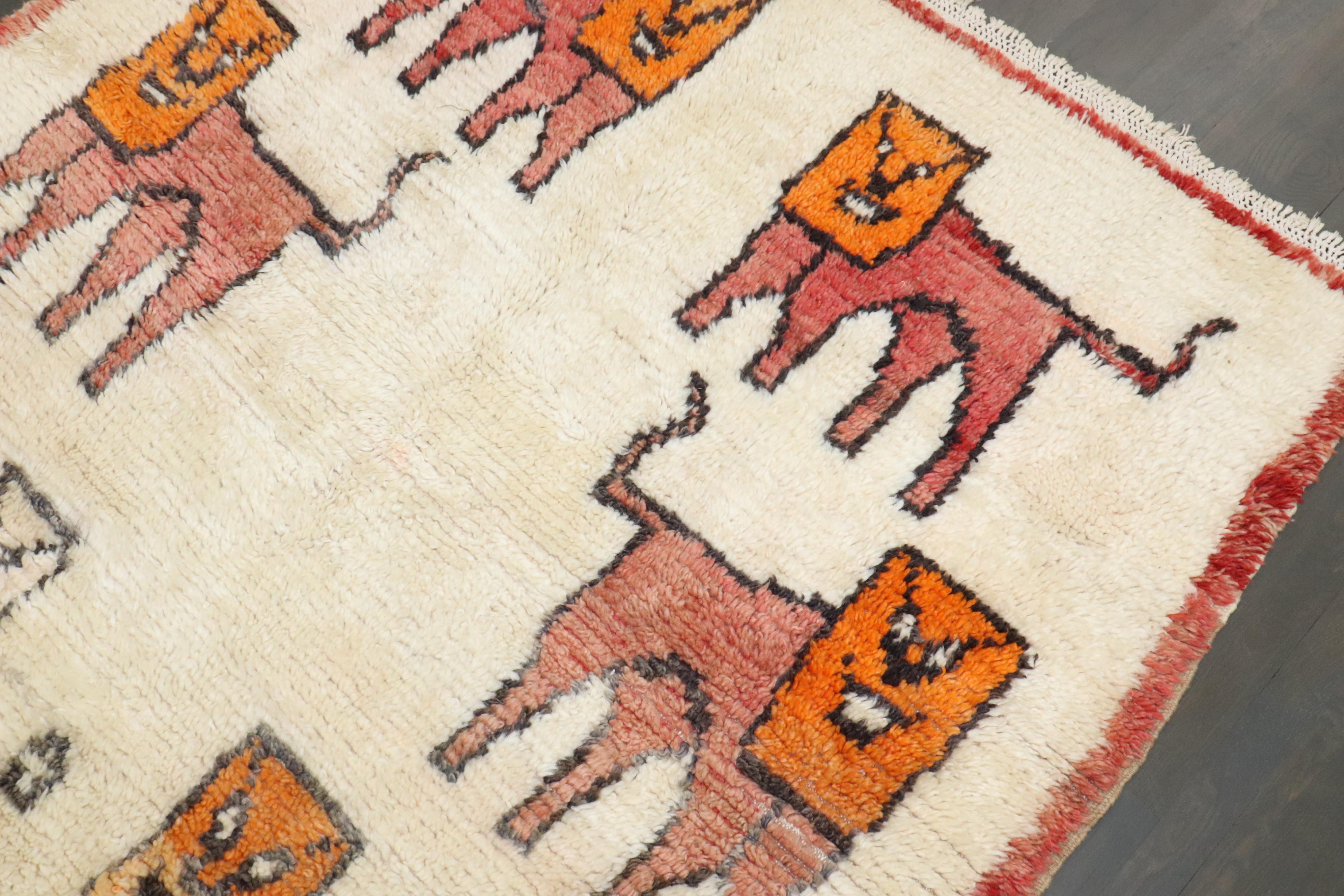 Hand-Woven Zabihi Collection Vintage Moroccan Square Hallucinating Lions Rug For Sale
