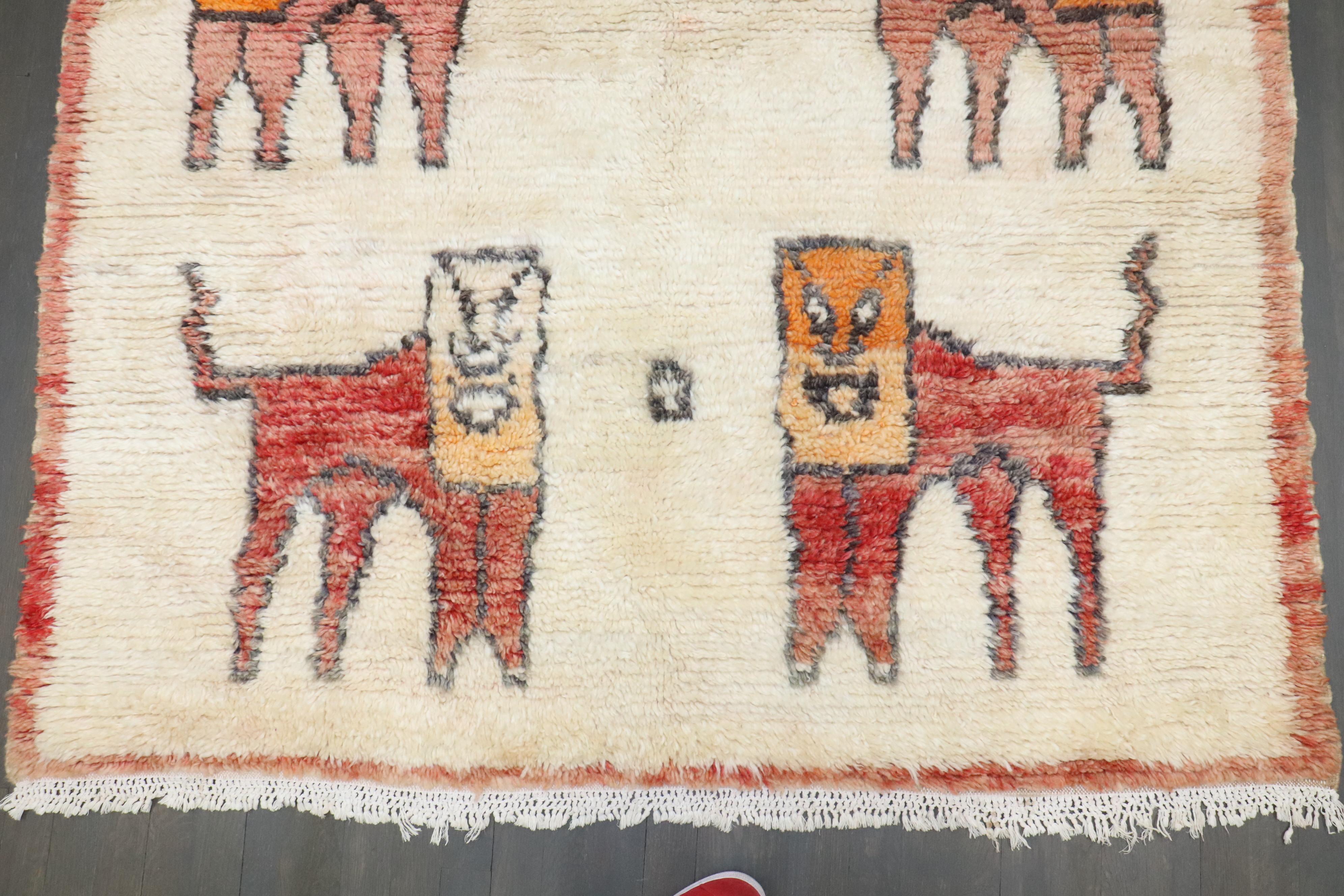 Wool Zabihi Collection Vintage Moroccan Square Hallucinating Lions Rug For Sale