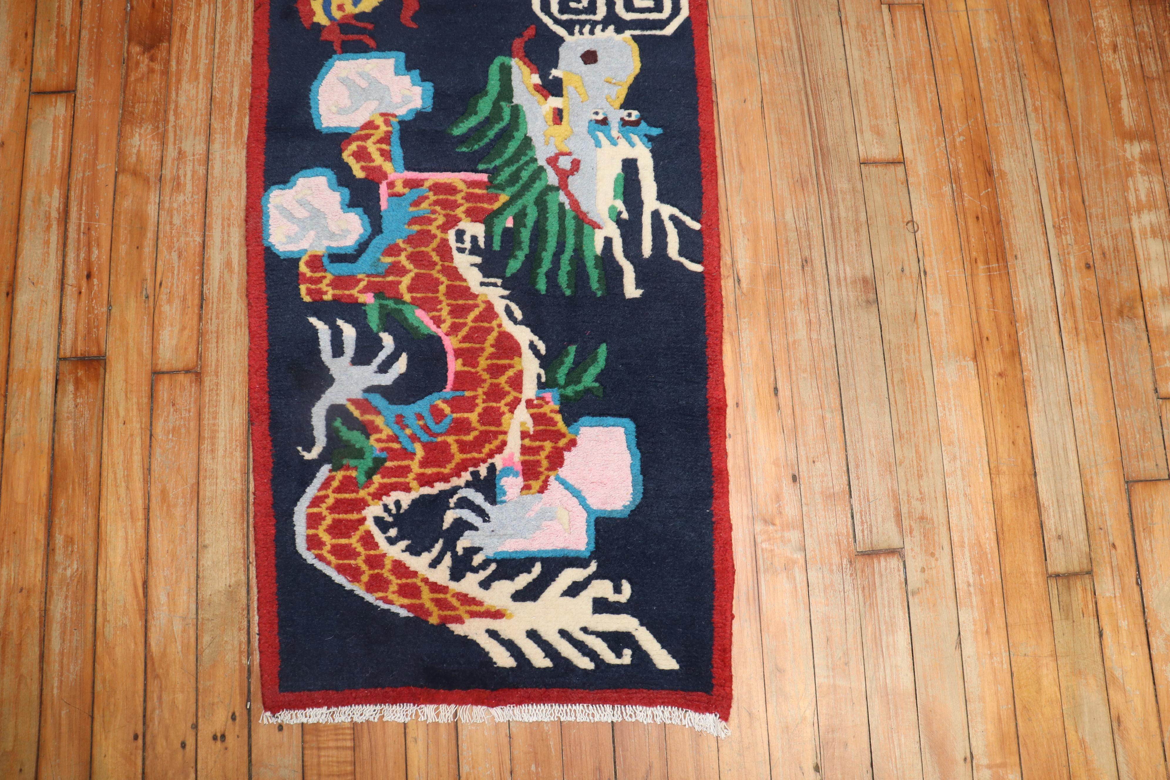 Hand-Knotted Zabihi Collection Vintage Narrow Dragon Tibetan Runner For Sale