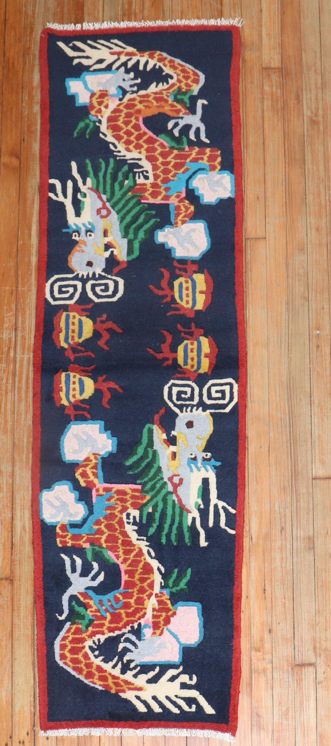 Zabihi Collection Vintage Narrow Dragon Tibetan Runner In Good Condition For Sale In New York, NY