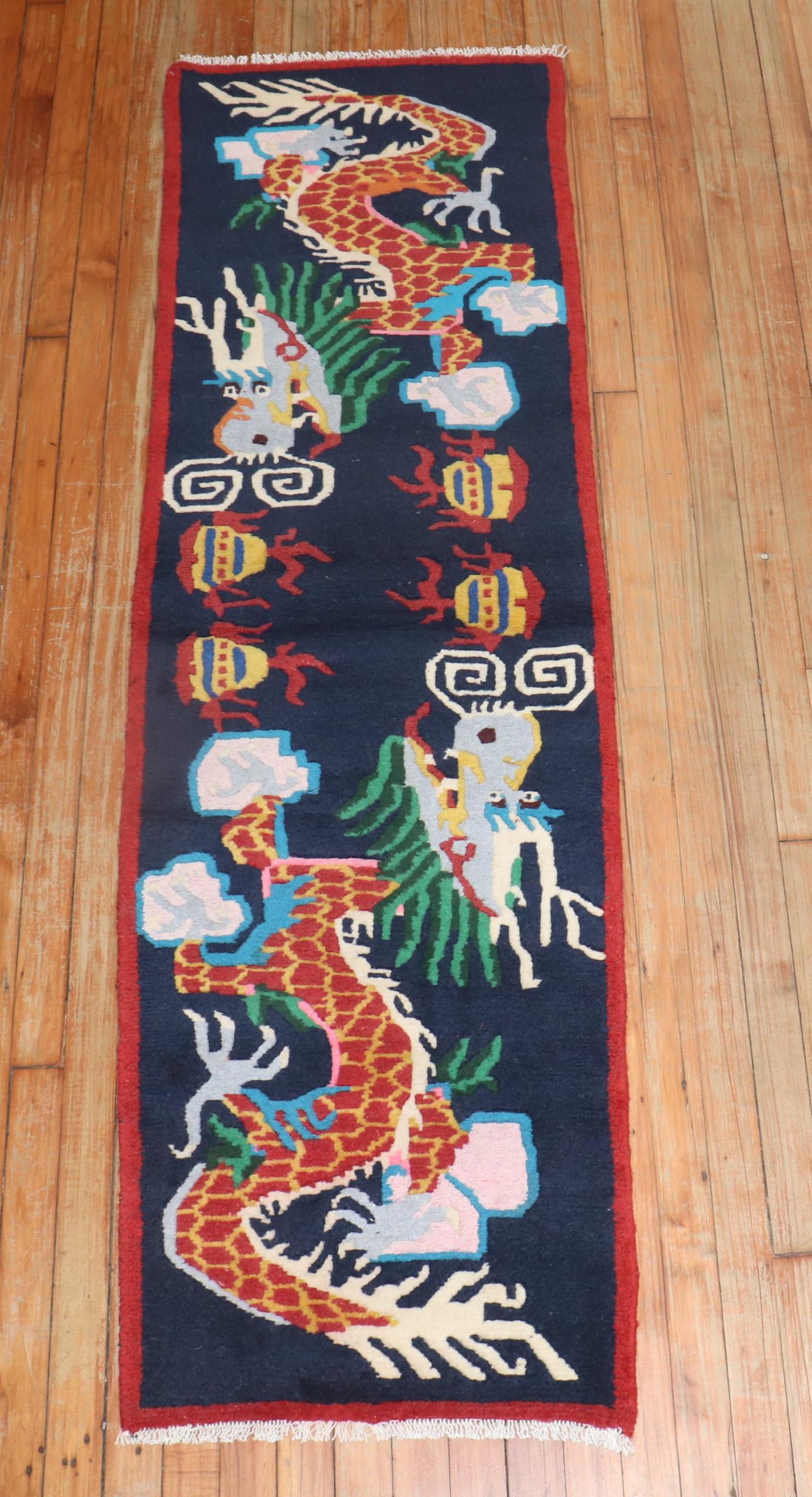 20th Century Zabihi Collection Vintage Narrow Dragon Tibetan Runner For Sale