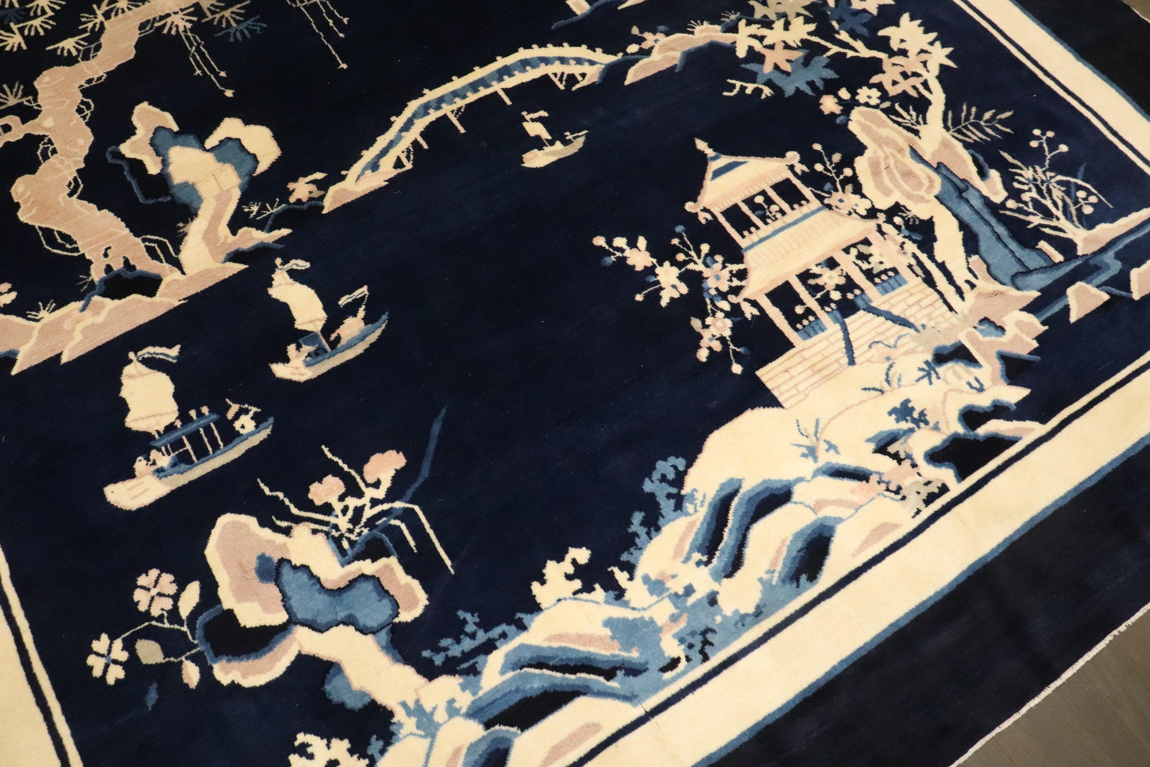 Hand-Woven Zabihi Collection Vintage Navy Chinese Square Peking Rug For Sale