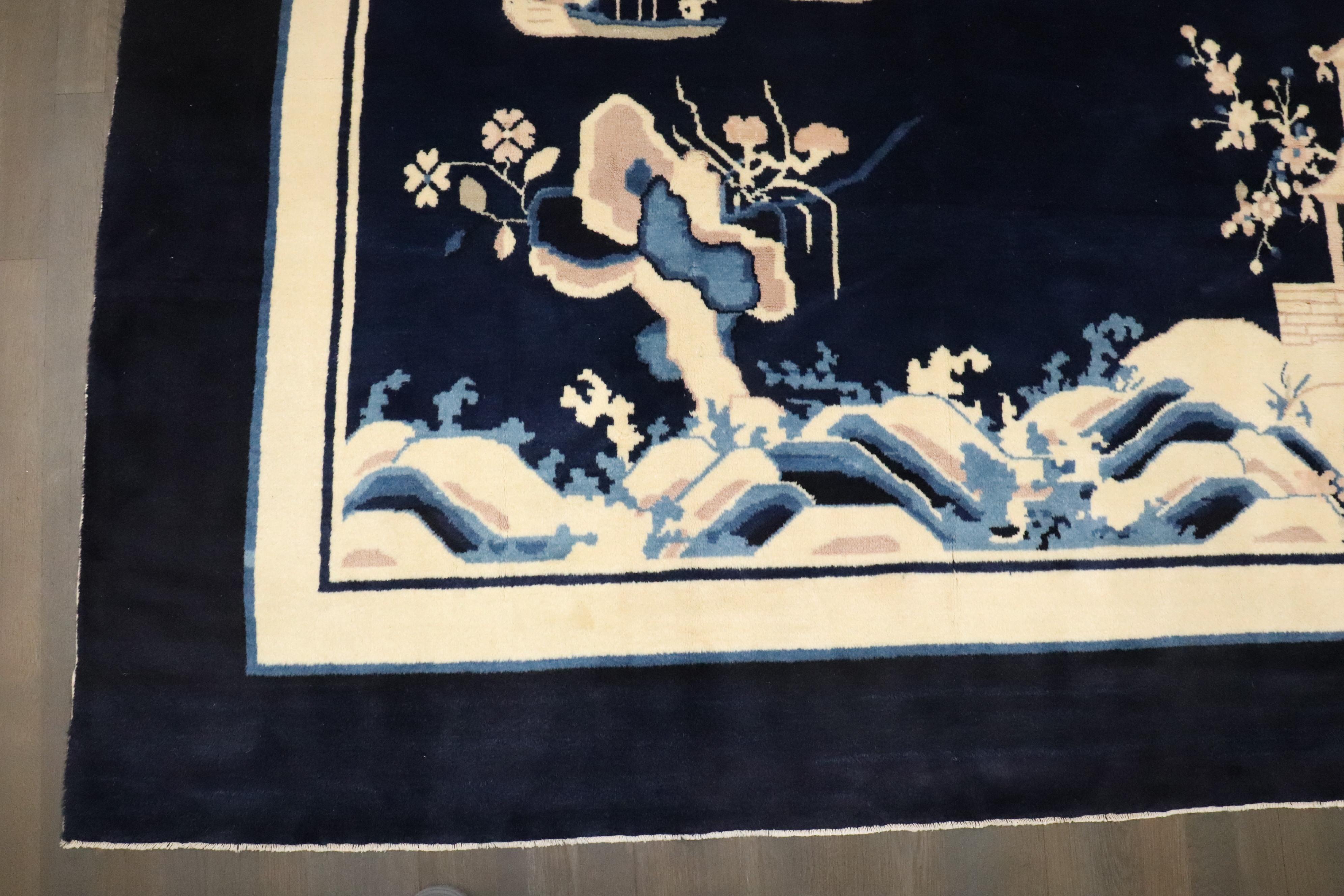 Zabihi Collection Vintage Navy Chinese Square Peking Rug In Good Condition For Sale In New York, NY