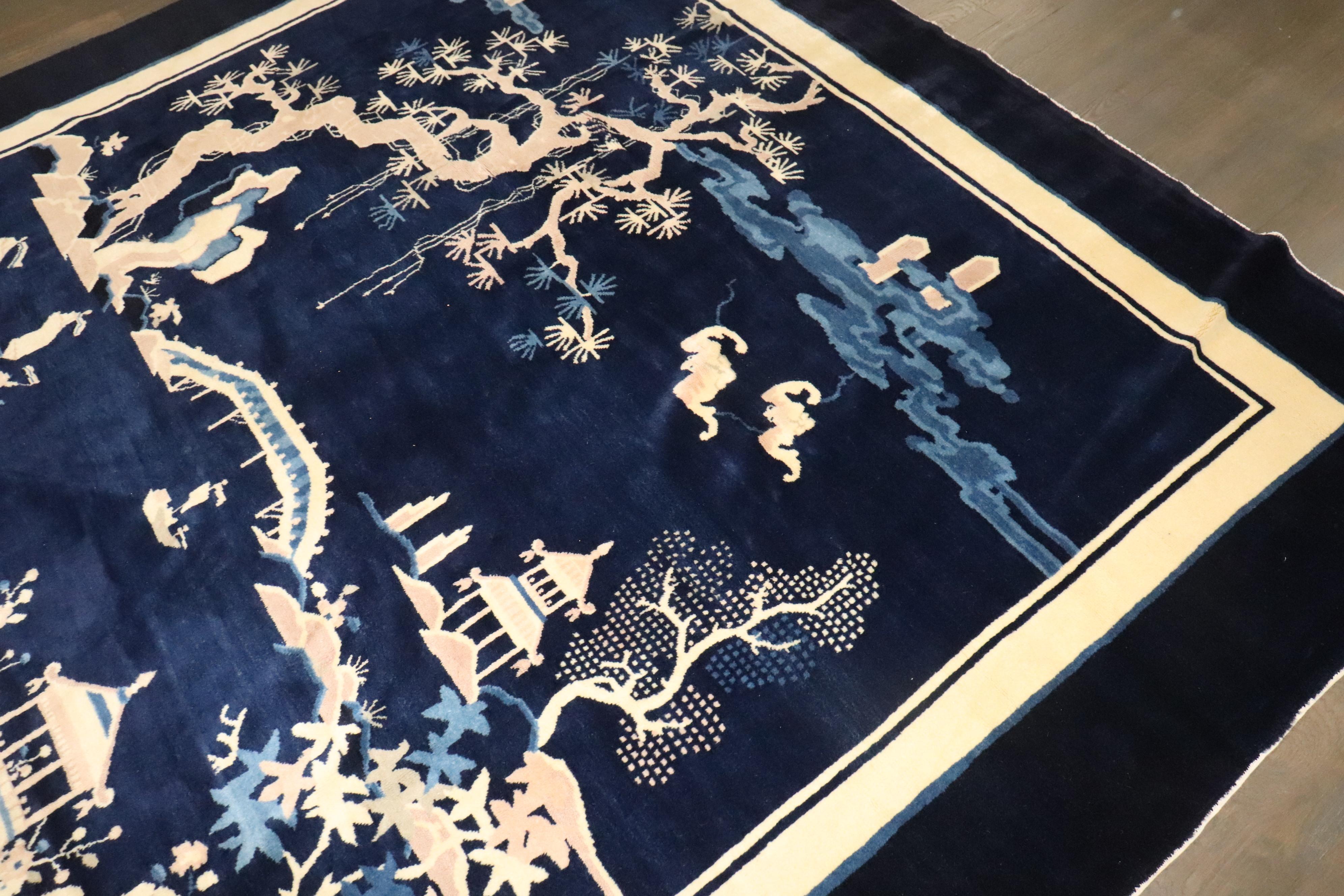 20th Century Zabihi Collection Vintage Navy Chinese Square Peking Rug For Sale