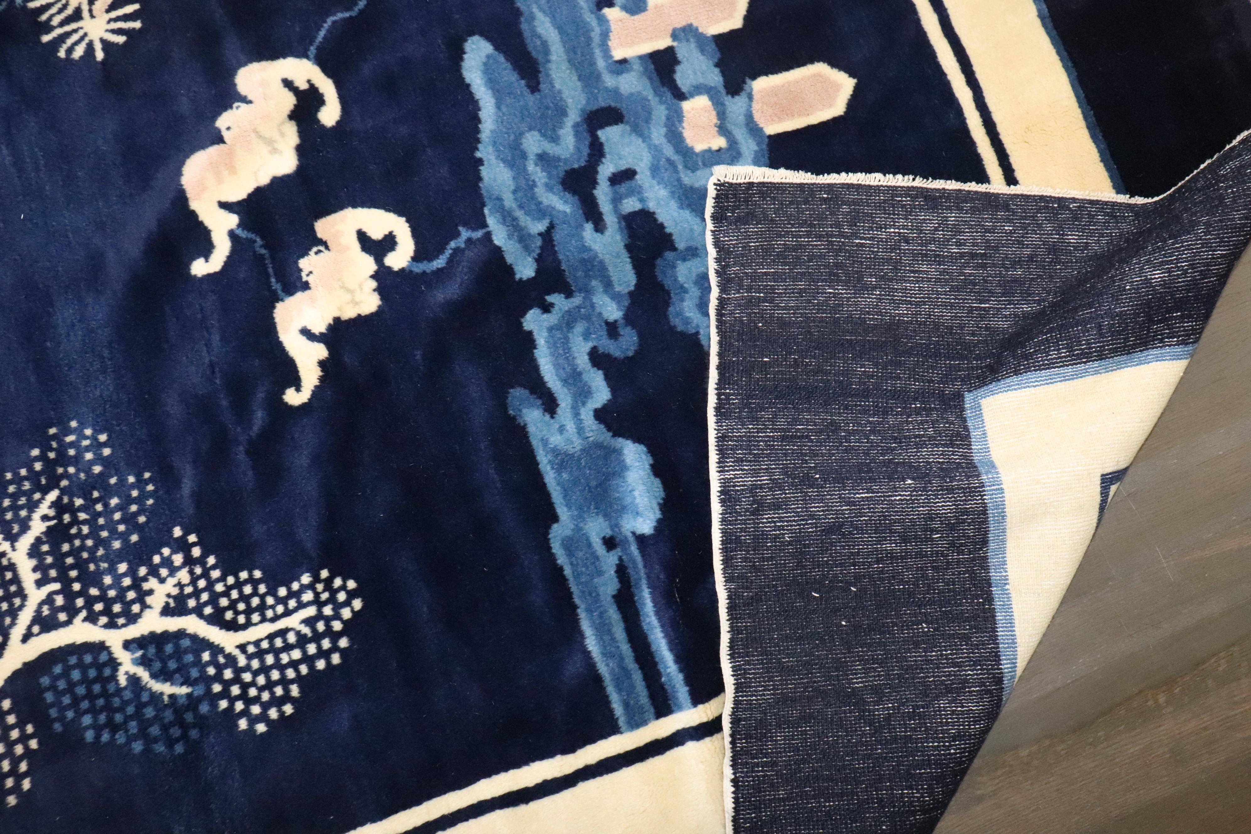 Wool Zabihi Collection Vintage Navy Chinese Square Peking Rug For Sale