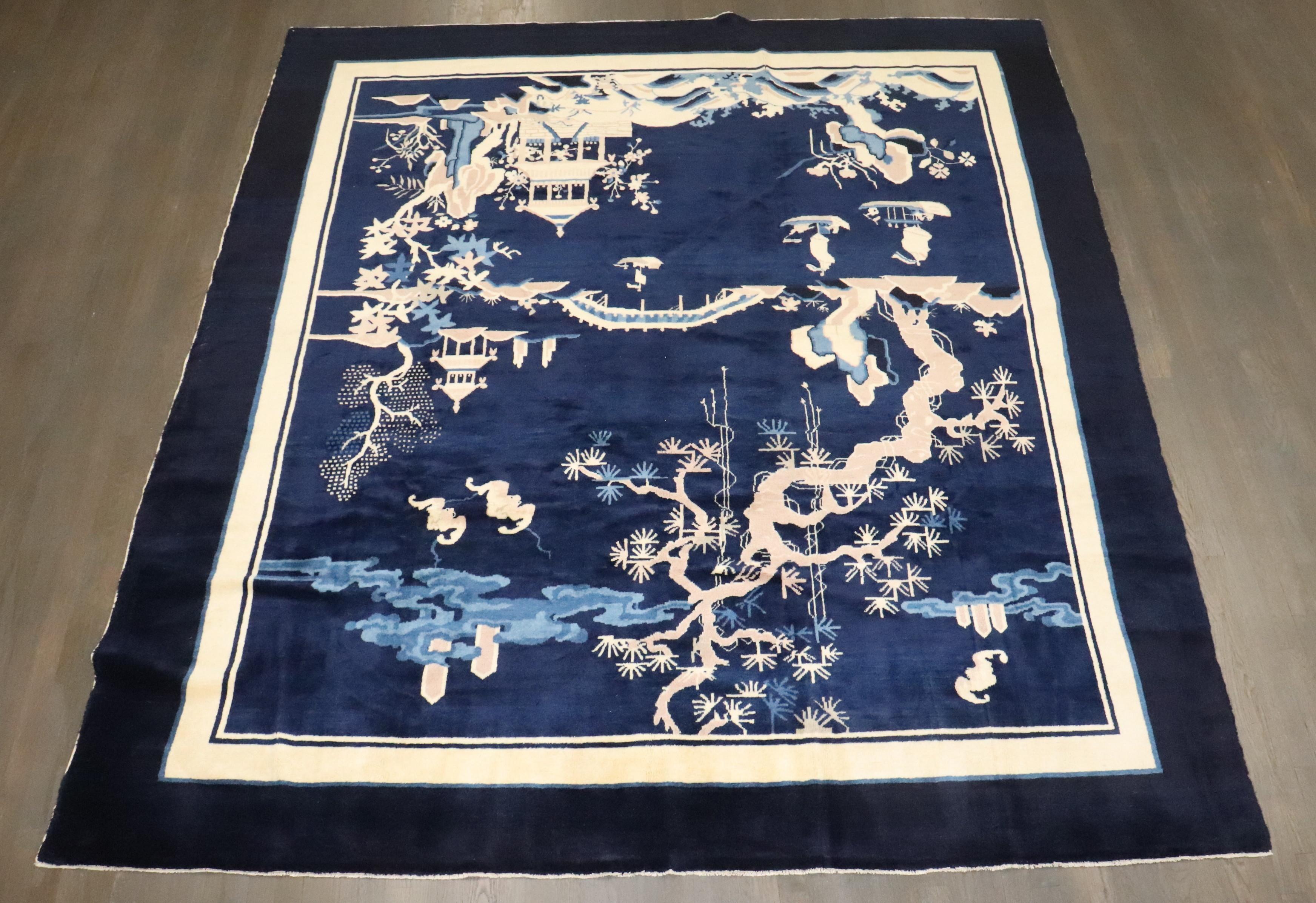 Zabihi Collection Vintage Navy Chinese Square Peking Rug For Sale 1