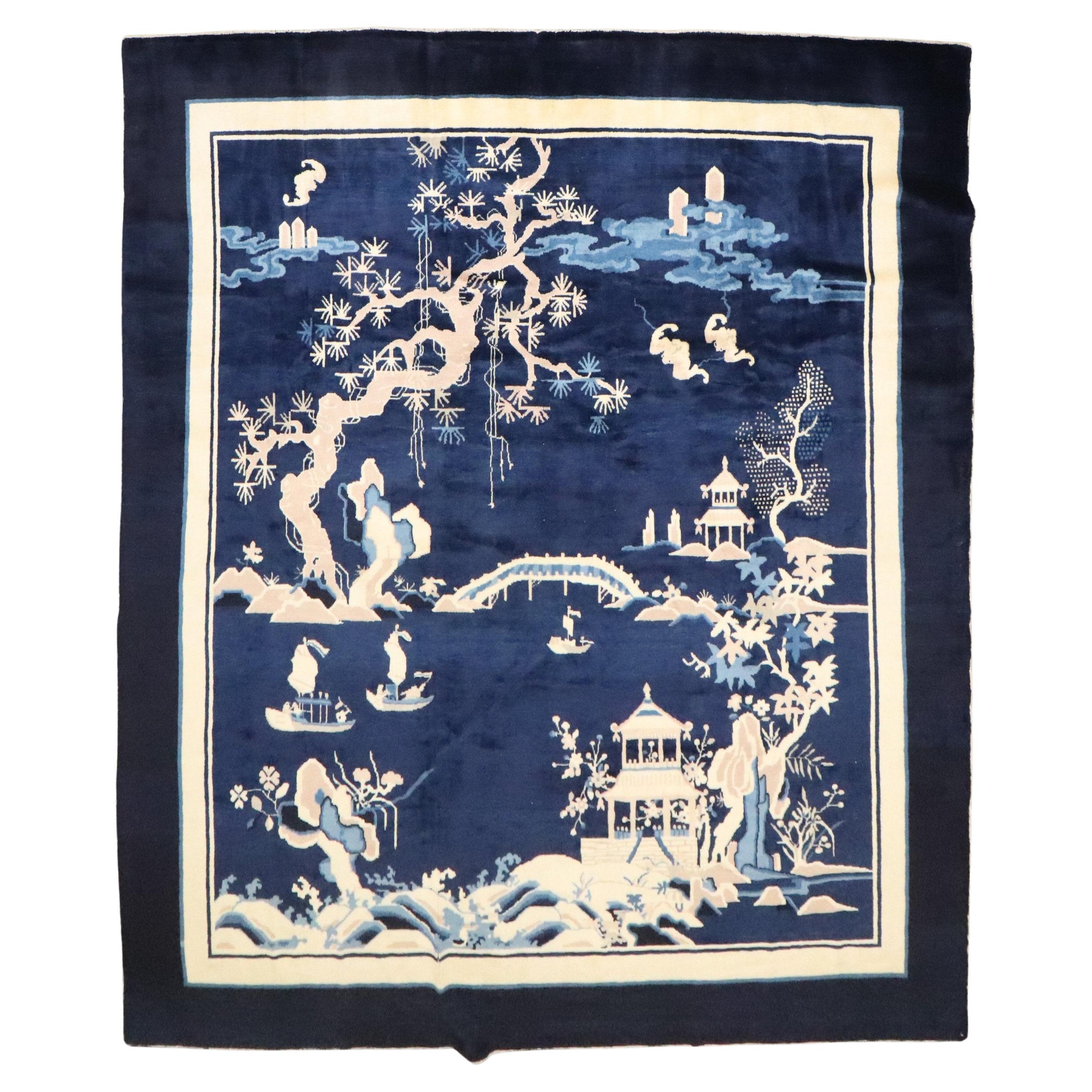 Zabihi Collection Vintage Navy Chinese Square Peking Rug (tapis de Pékin)