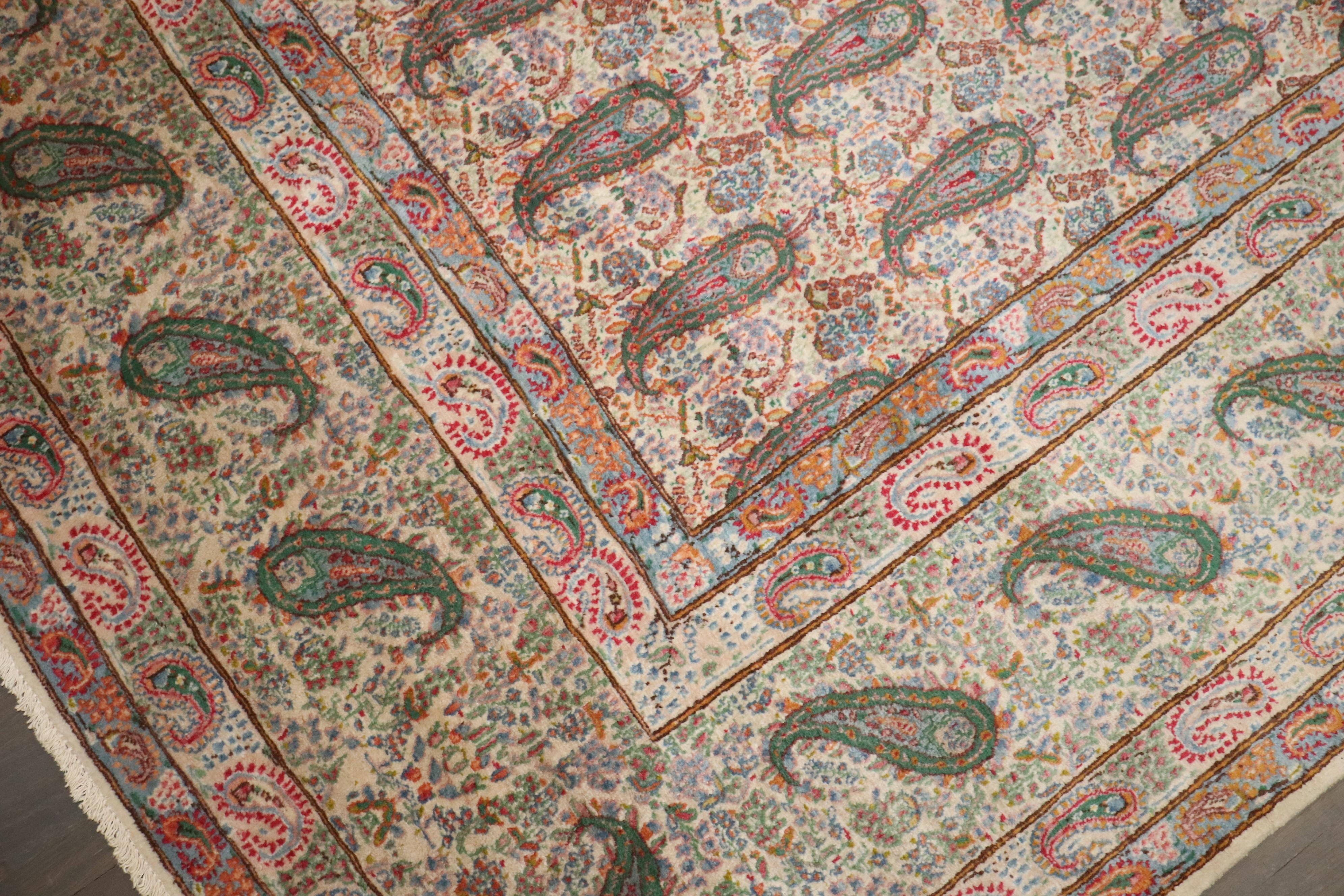A 20th-century signed persian khorrassan rug in feminine colors. Ivory, lime green and pinks

Details
rug no.	8473
size	9' 6