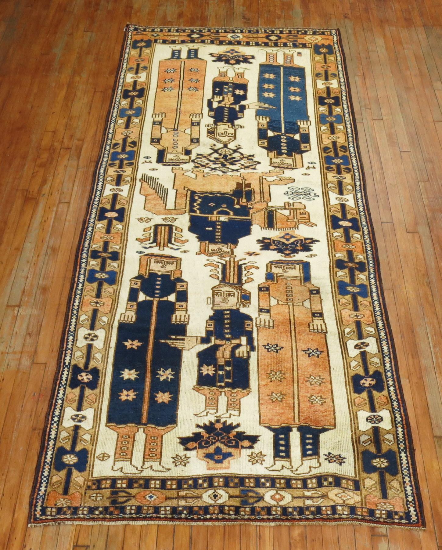 Folk Art Zabihi Collection Vintage Persian Pictorial Balouch Gallery Rug For Sale